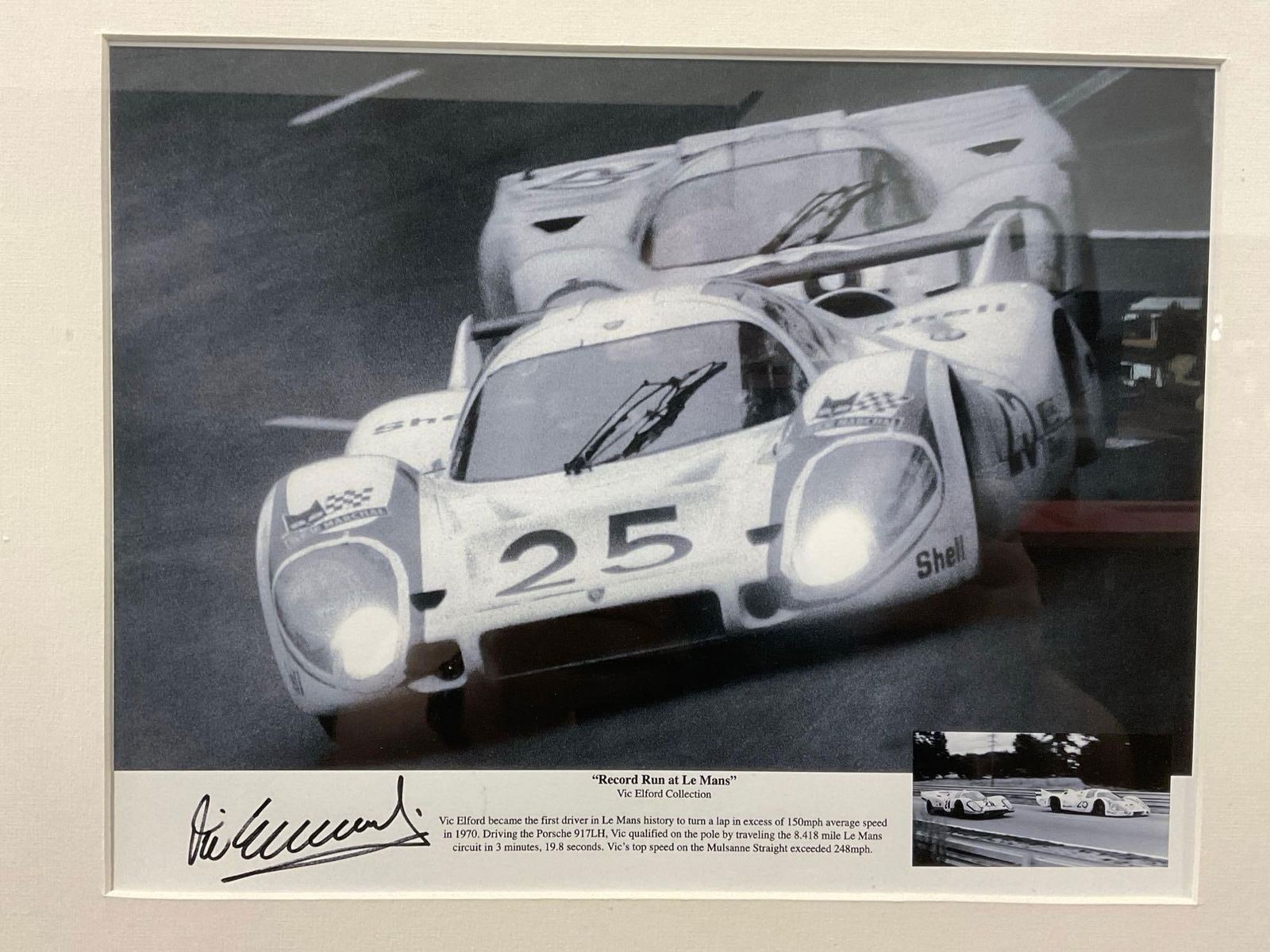 Framed Vintage Racing Photo, Record Run at Le Mans, Signed by Vic Elford, 1970 Porsche 917LH, 20x23: Appears to be in good shape. The piece measures approx 20h x 23w x 3d inches. See pics. E-5420 
