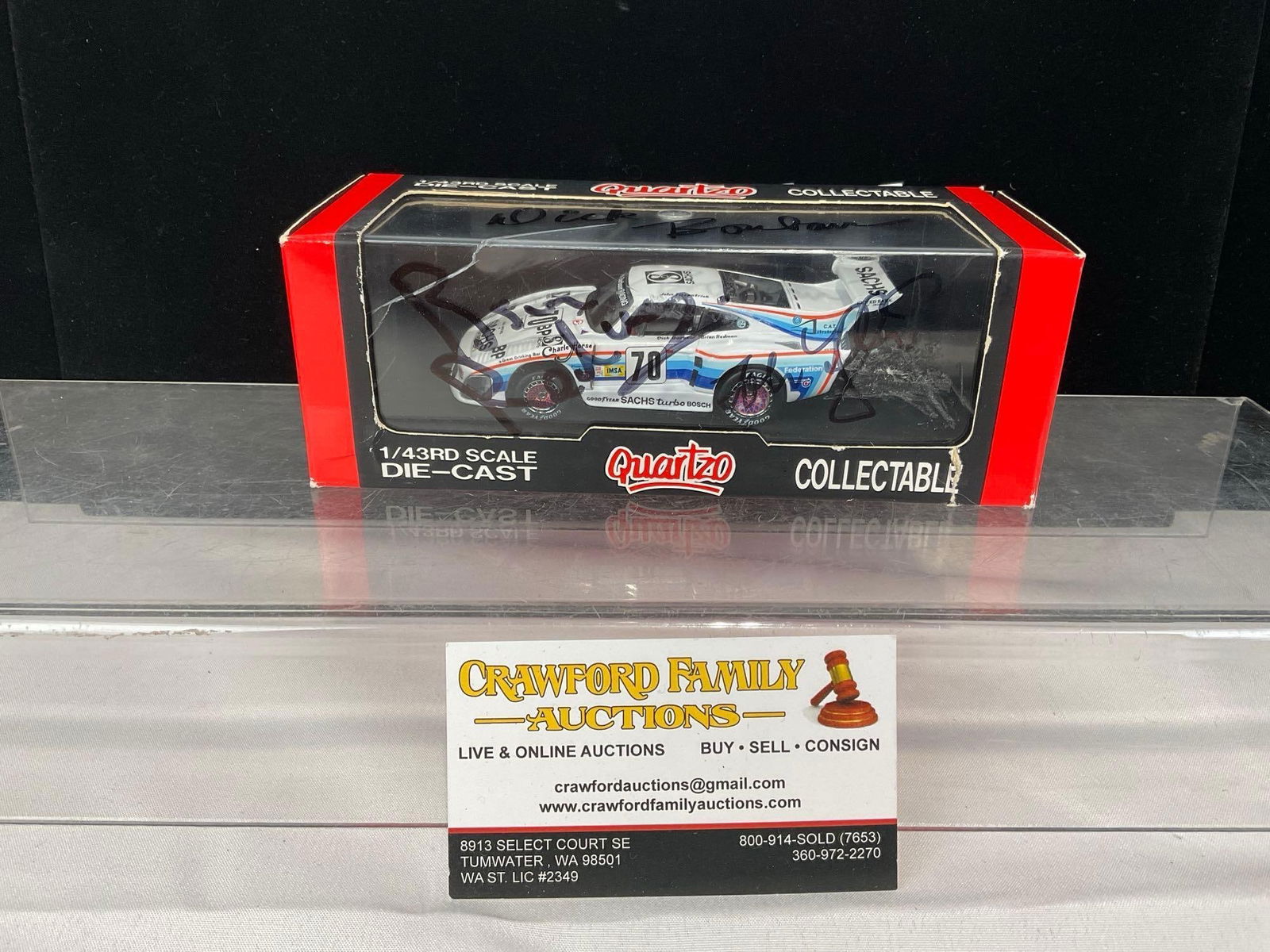 Rare Quartzo 3x Signed Redman, Barbour & Fitzpatrick, 1980 Porsche K-3 1/43 Scale Diecast Car Model: 1980 Kremer Porsche K-3 Sachs for the Le Mans 24 Hour Race, the three drivers signed this piece, they placed 5th in the real car. Appears to be in good shape. The piece measures approx 4h x 8w x 4d