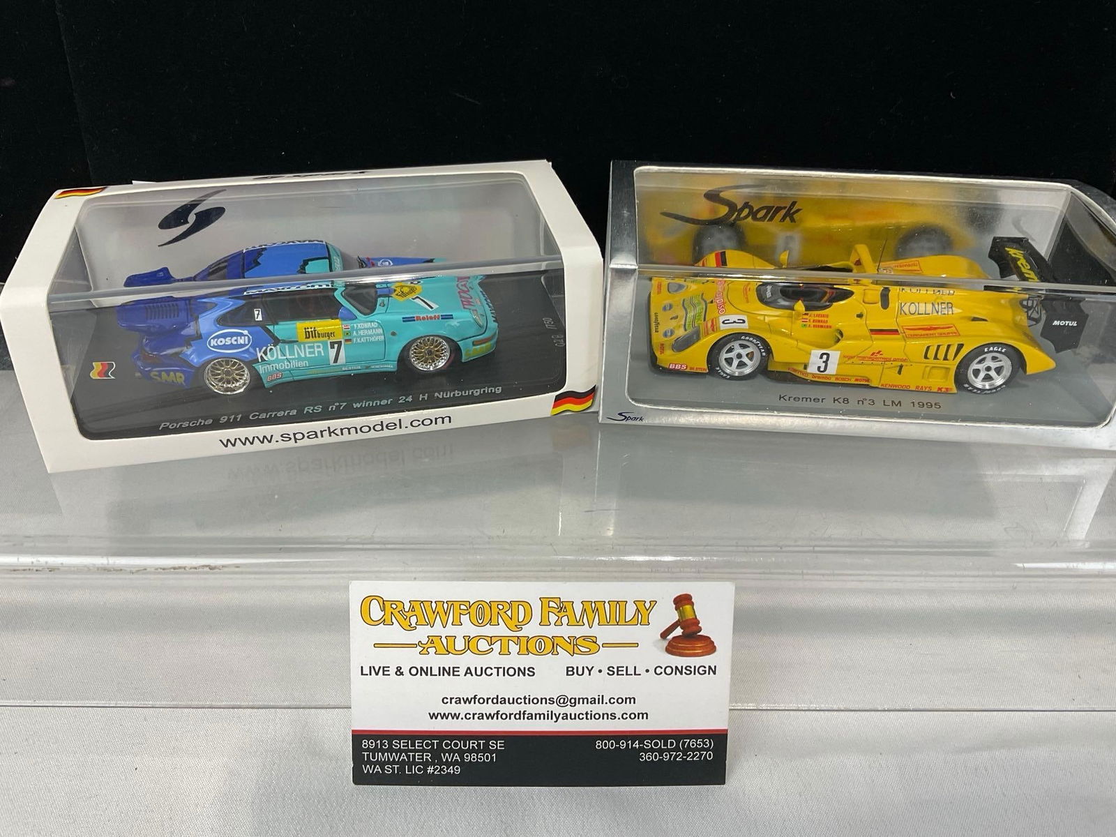 Pair of Spark Franz Konrad 1/43 Scale Diecast Car Models, 1995 Kremer K8 LM24H & 1993 Porsche 911...: Carrera RS 24H Nurburgring Winner. Appears to be in good shape. The piece measures approx 5h x 7w x 4d inches. See pics. E-5420