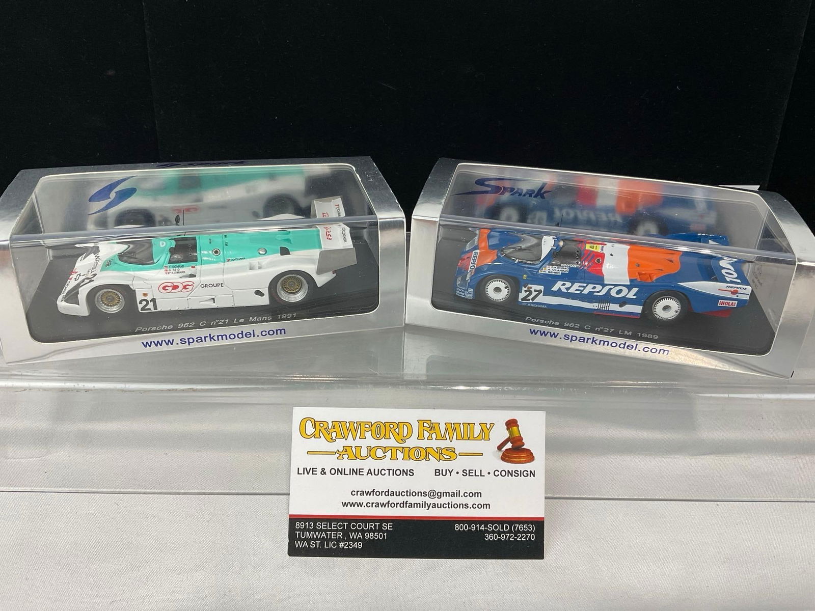 Pair of 1989 & 1991 Porsche 962 1/43 Scale Diecast Car Models, Franz Konrad Le Mans 24H: Appears to be in good shape. The piece measures approx 5h x 7w x 4d inches. See pics. E-5420