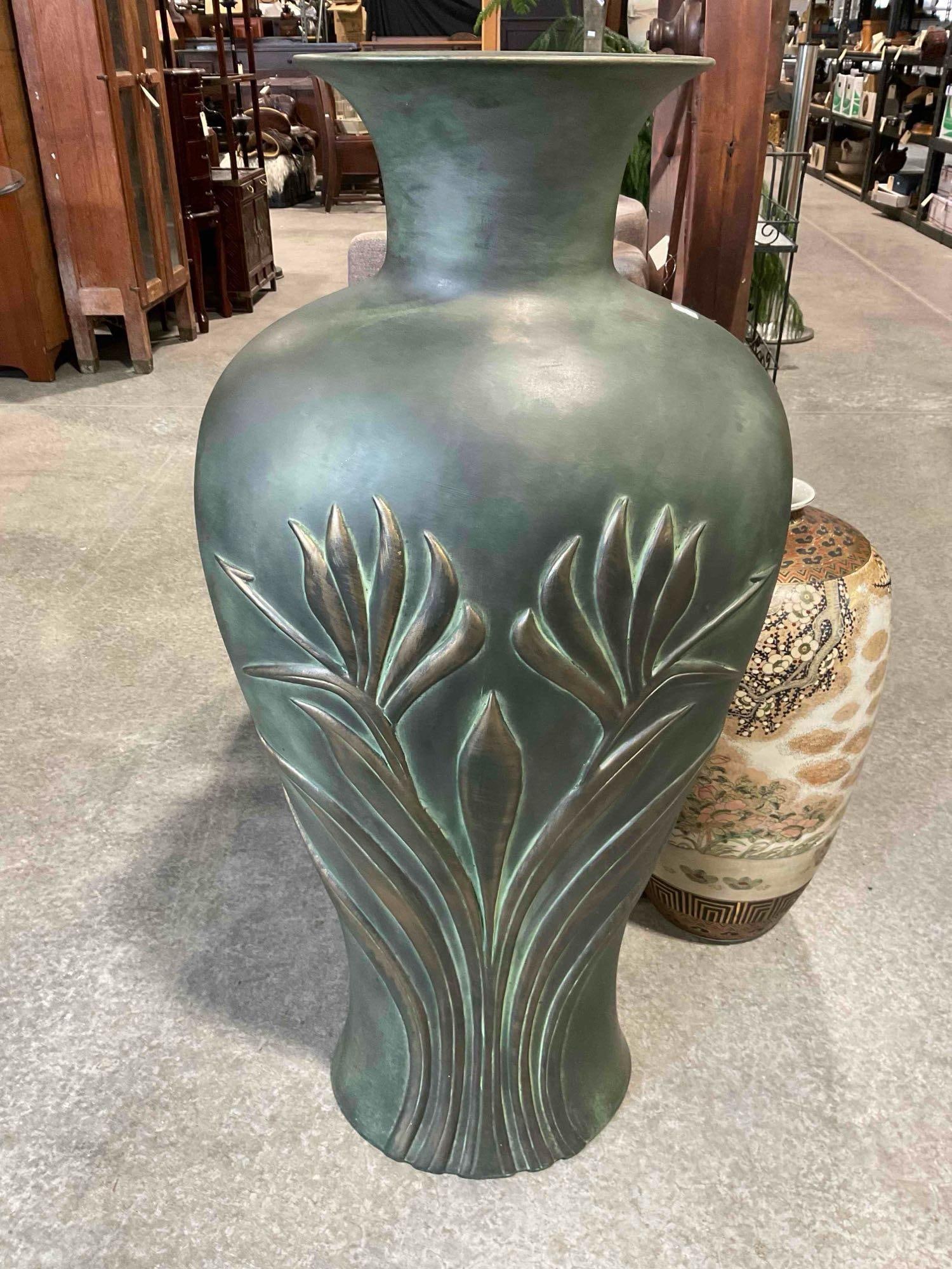 Modern Large Standing Brass? Urn Vase w/ Gorgeous Verdigris & Floral Pattern. Excellent Cond.: Modern Large Standing Brass? Urn Vase w/ Gorgeous Verdigris & Floral Pattern. Could be bronze? no maker mark. Excellent Condition. Measures 18" x 13" x 31" DM-5550 *Freight Required if shippe
