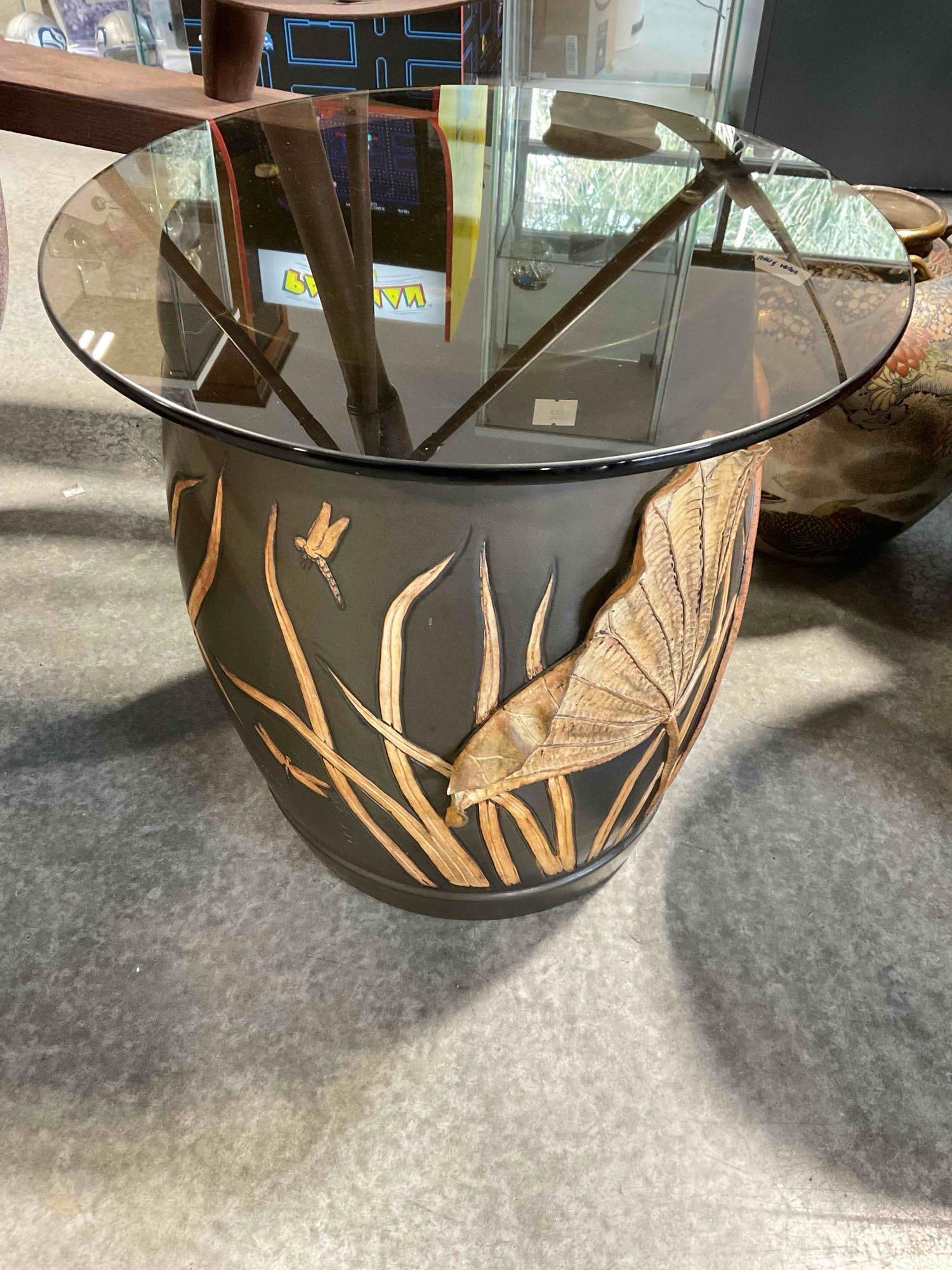 Modern African? Ceramic? Side Table w/ Smoked Glass Top & Botanical Design. See pics.: Modern African? Ceramic? Side Table w/ Smoked Glass Top & Botanical Design. Glass is off center, piece has minor wear indicative of age, condition is otherwise very good. Measures 18" x 18" x 19"