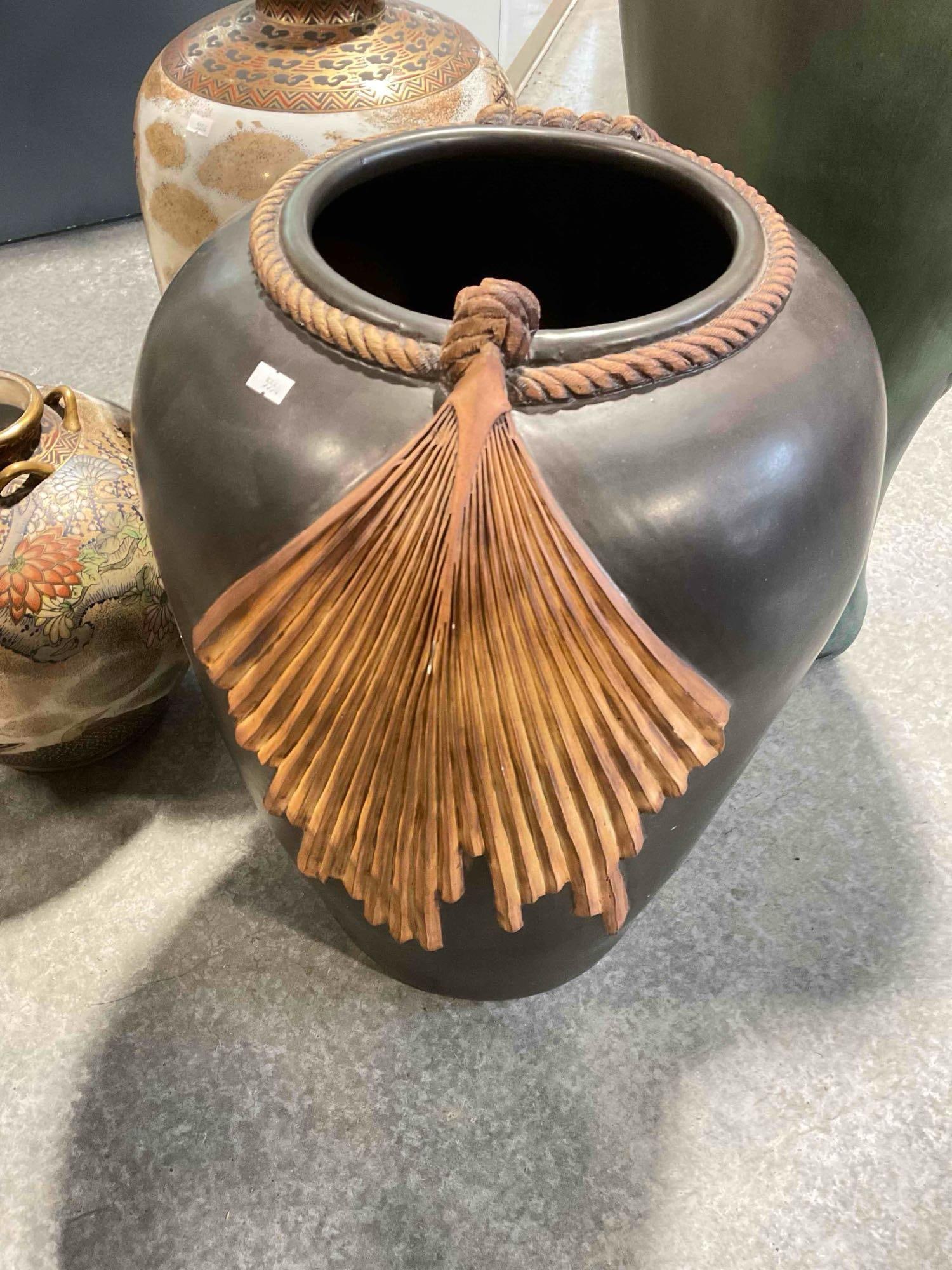 Modern African Ceramic Vase w/ Rope & Leaf Design. Very Good Condition. See pics.: Modern African Ceramic Vase w/ Rope & Leaf Design. Very Good Condition. Minor wear indicative of age, condition is otherwise very good. Measures 17" x 16" x 25" Dm-5550 *Freight Required if