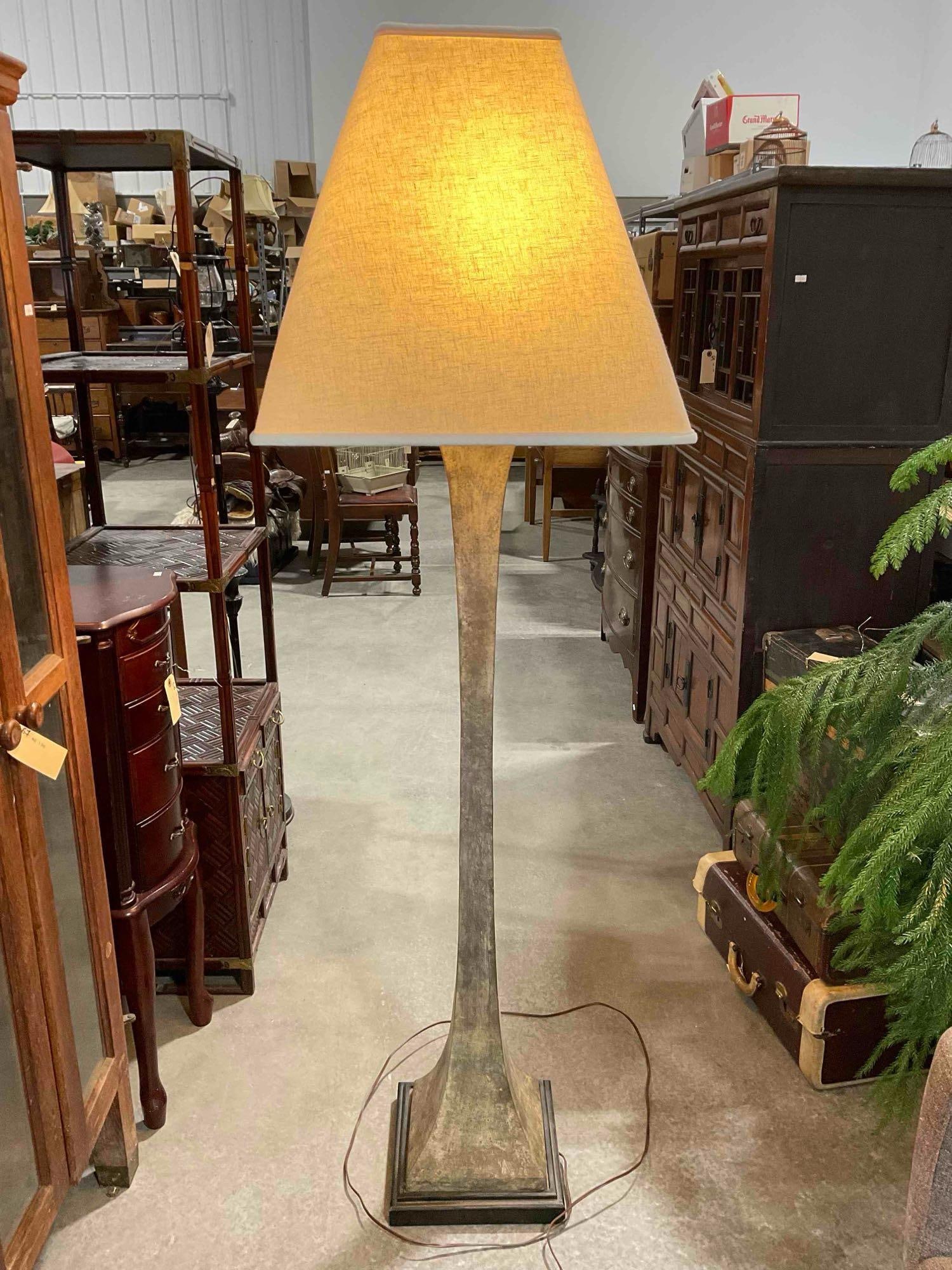 Vintage Distressed Metal Floor Lamp w/ Cream Cloth Shade. Tested, Works. Excellent Condition.: Vintage Distressed Metal Floor Lamp w/ Cream Cloth Shade. Tested, Works. Excellent Condition. Measures 20" x 20" x 68" DM-5550 *Freight Required if shipped, Buyer Arranged/Responsibility*