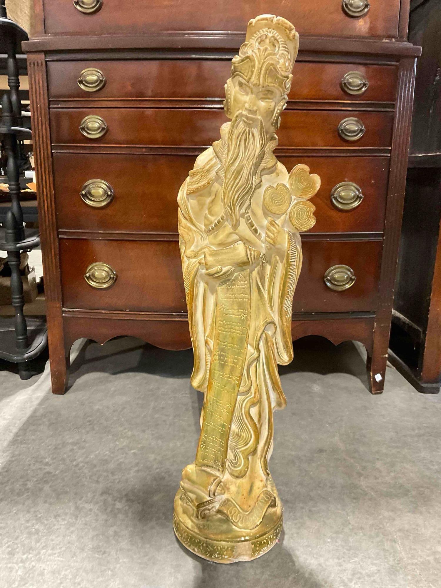 Vintage Chalkware? Figural Statue of Shou Lao? Asian God of Longevity. Very Good Condition.: Vintage Chalkware? Figural Statue of Shou Lao? Asian God of Longevity. Very Good Condition. Missing a few chips, condition is otherwise very good. Measures 10" x 10" x 32" DM-414 *Freight