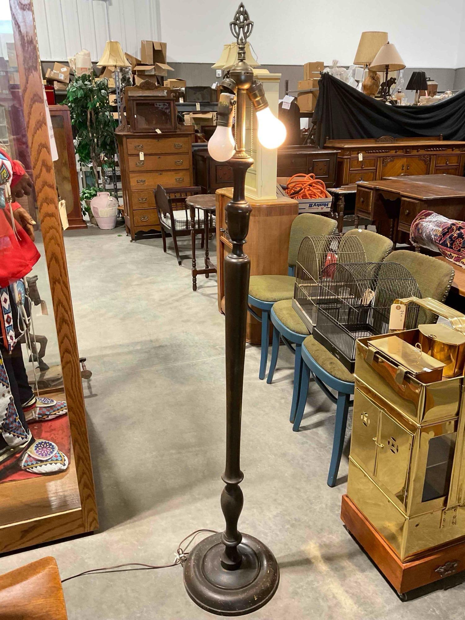 Vintage Wooden 2-Socket Floor Lamp. Tested, Partially Working. Good Condition. See pics.: Vintage Wooden 2-Socket Floor Lamp. Tested, Partially Working. Good Condition. Only one socket looks to be working, the other is loose and fixed with electrical tape, needs repair, condition is
