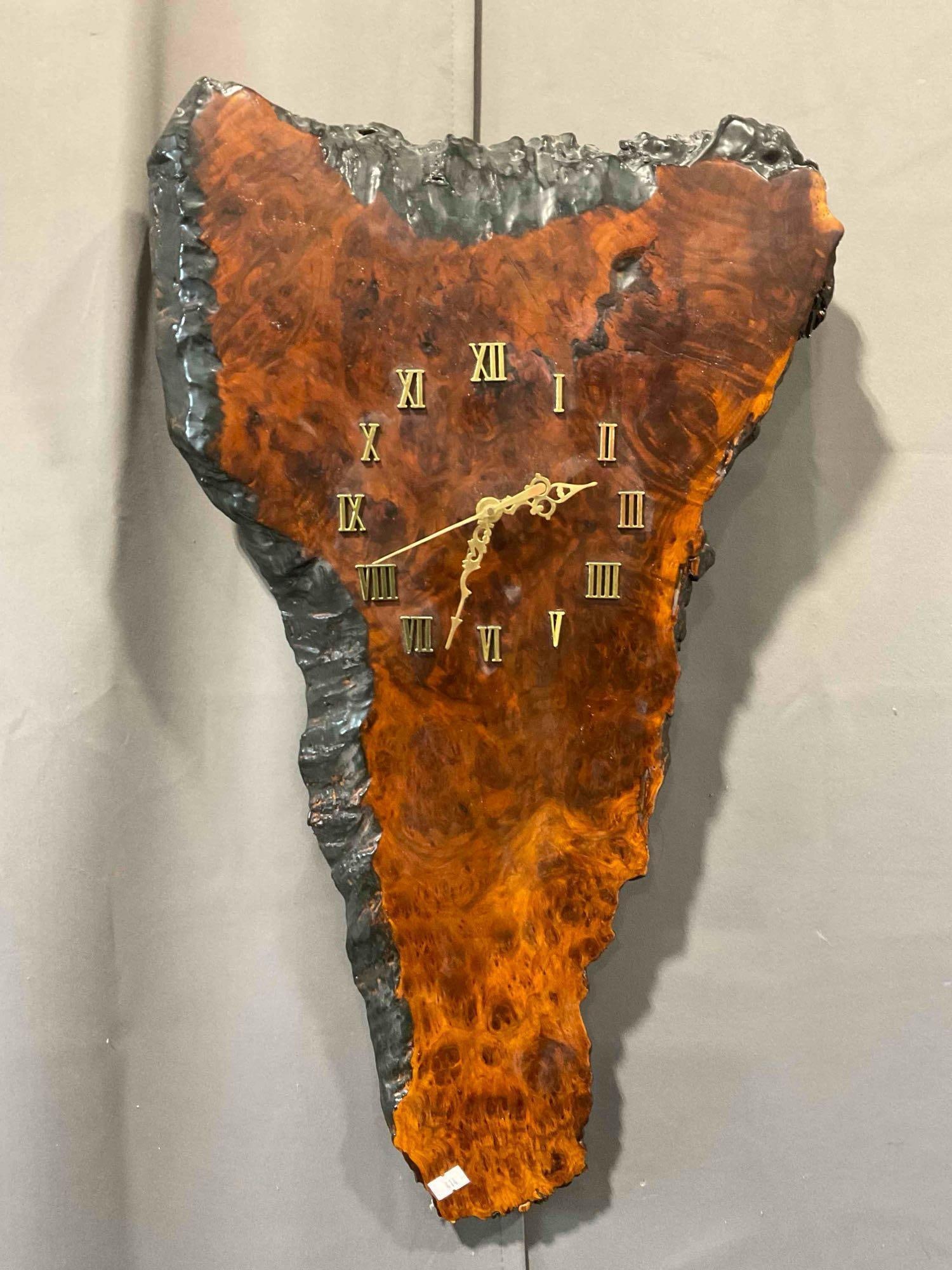 Vintage Wall Clock Set in Reclaimed Live Edge Burl Wood Fragment. Working! Excellent Condition.: Vintage Wall Clock Set in Reclaimed Live Edge Burl Wood Fragment. Working! Excellent Condition. Measures 15" x 25" x 3" Fantastic piece of wood. DM-414 *Freight Required if shipped, Buyer Arrange