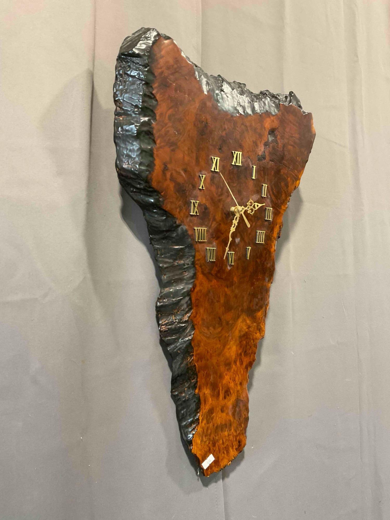 Vintage Wall Clock Set in Reclaimed Live Edge Burl Wood Fragment. Working! Excellent Condition. - 3