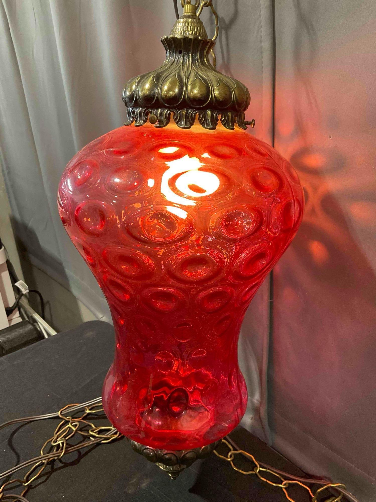 Vintage MCM Hanging Swag Lamp w/ Textured Cranberry Red Glass Shade. Tested, Works. - 2