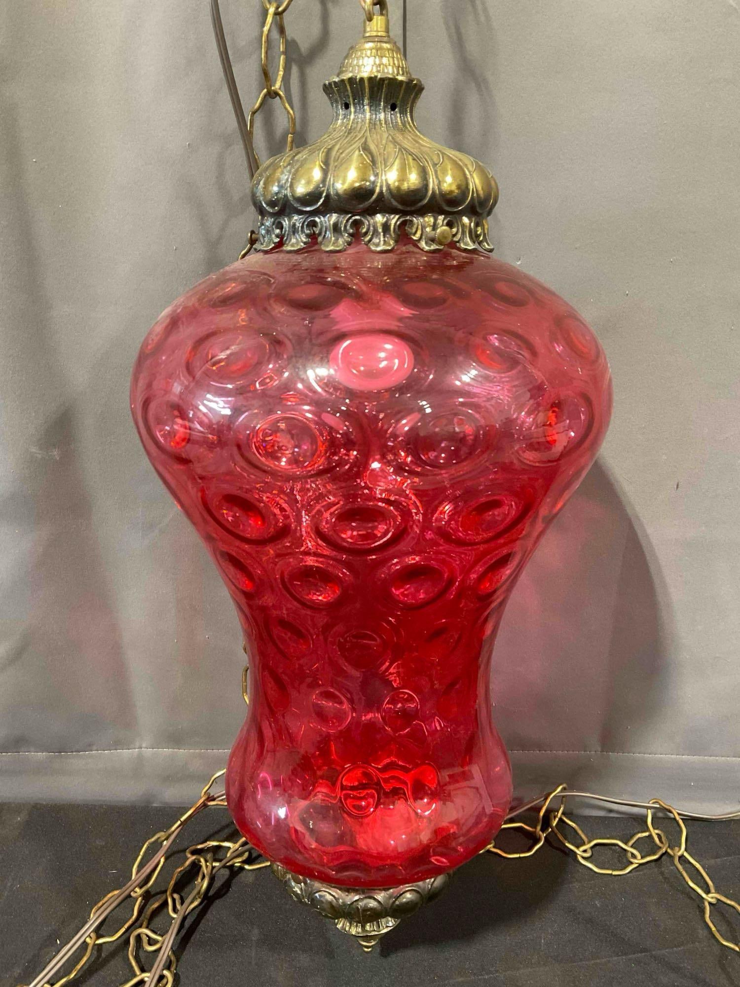 Vintage MCM Hanging Swag Lamp w/ Textured Cranberry Red Glass Shade. Tested, Works. - 5