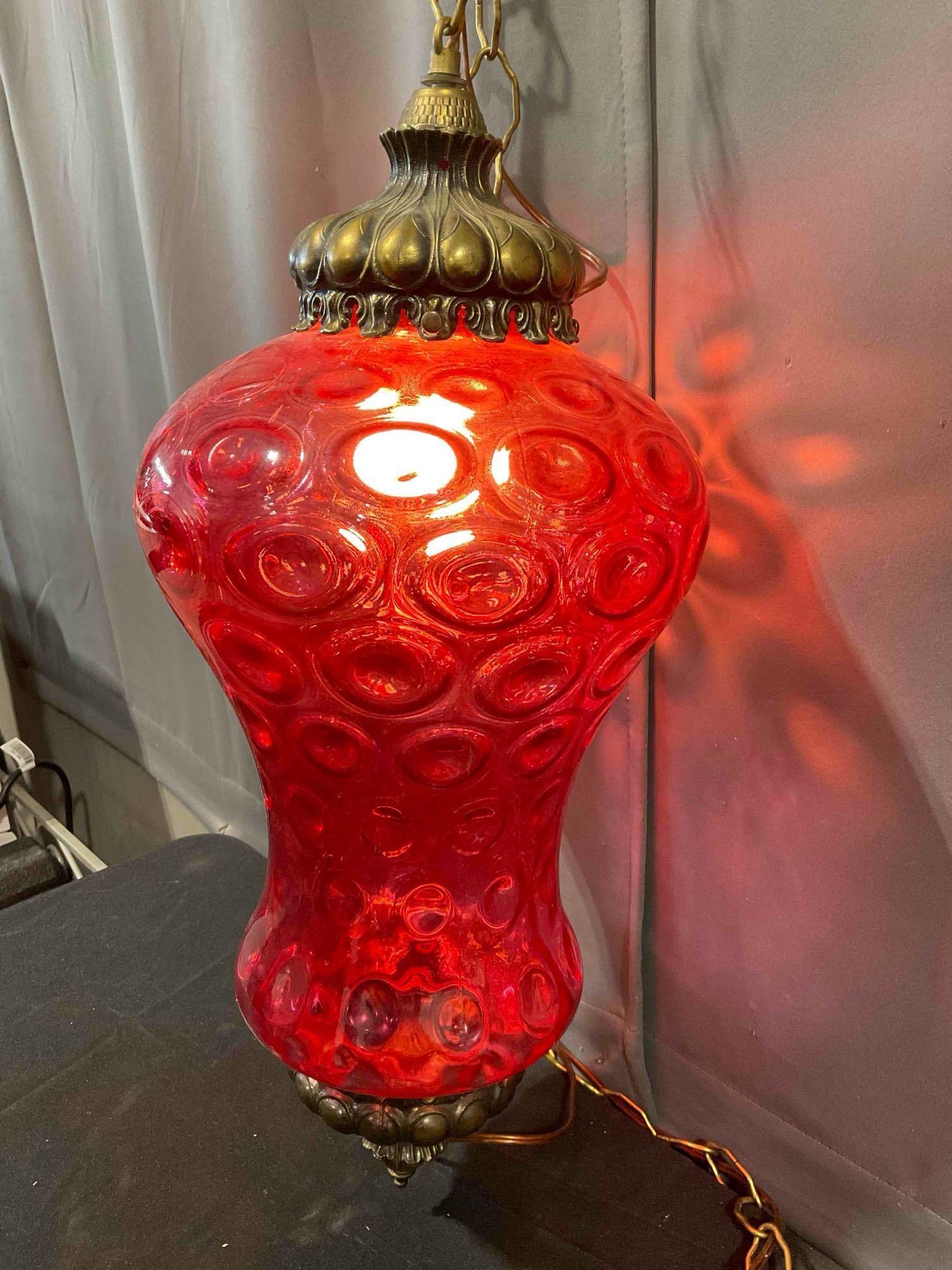 Vintage MCM Hanging Swag Lamp w/ Textured Cranberry Red Glass Shade. Tested, Works. - 2