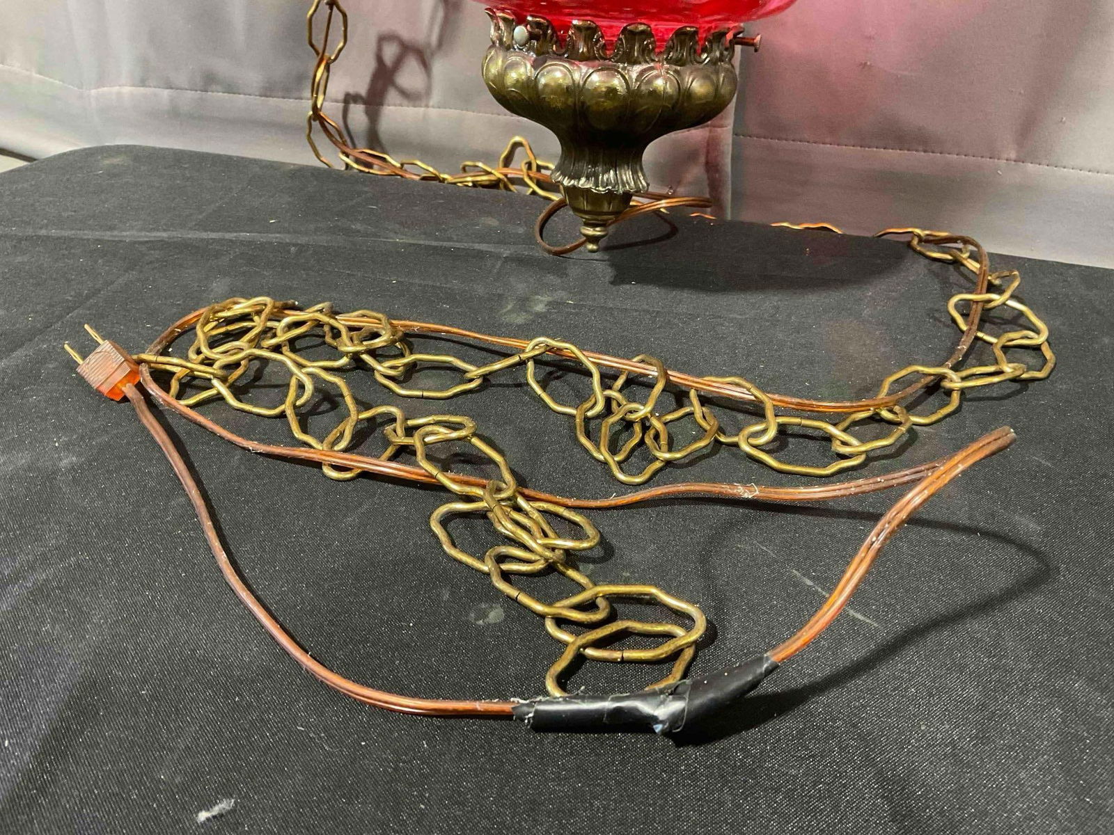 Vintage MCM Hanging Swag Lamp w/ Textured Cranberry Red Glass Shade. Tested, Works. - 4