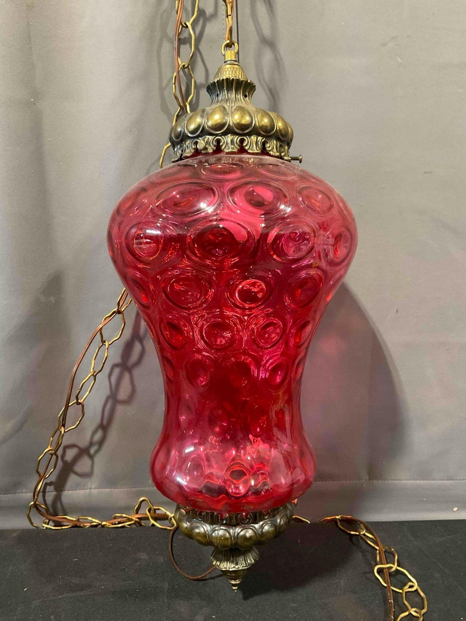 Vintage MCM Hanging Swag Lamp w/ Textured Cranberry Red Glass Shade. Tested, Works. - 6