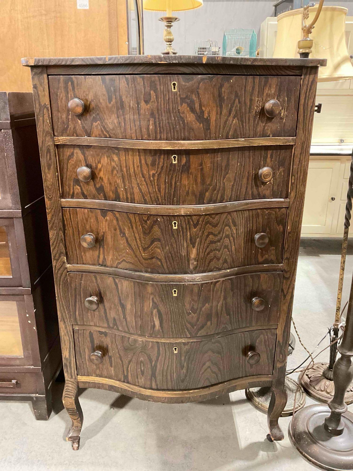 Antique Serpentine Front Dresser w/ Dark Wood Veneer & 5 Drawers. Good Condition. See pics.: Antique Serpentine Front Dresser w/ Dark Wood Veneer & 5 Drawers. Good Condition. Great shape, would look nice painted. Looks to be an oak pattern. Has wear indicative of age, looks to be missing