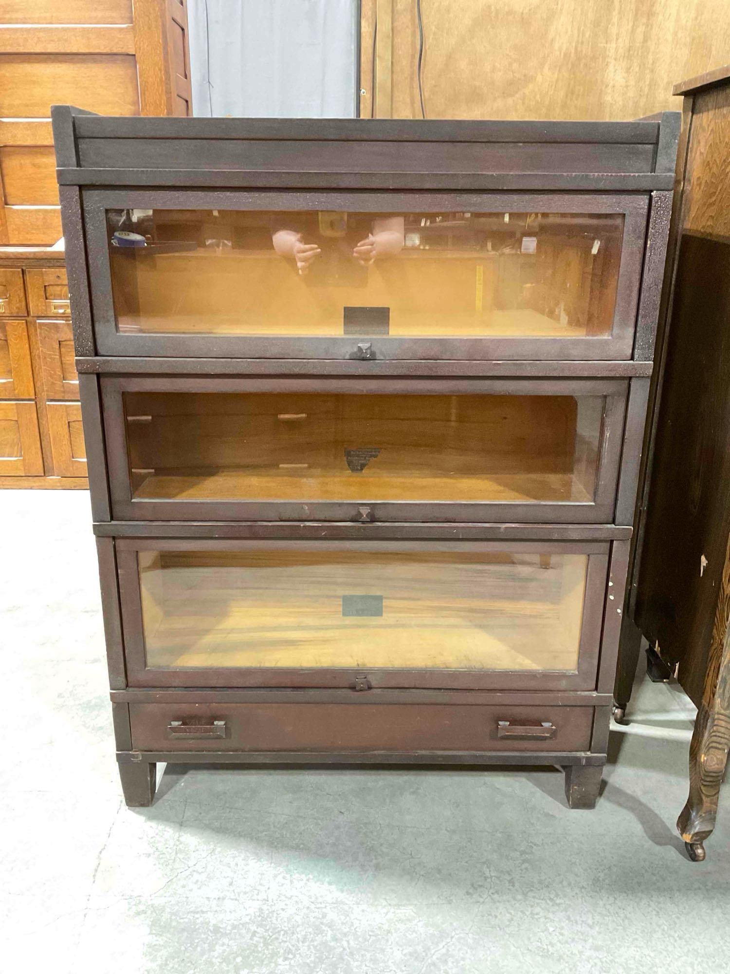 Antique 3-Tier Globe & Warnicke Glass Fronted Barrister Bookcase w/ Dark Wood Finish & Drawer. (1 of 7)