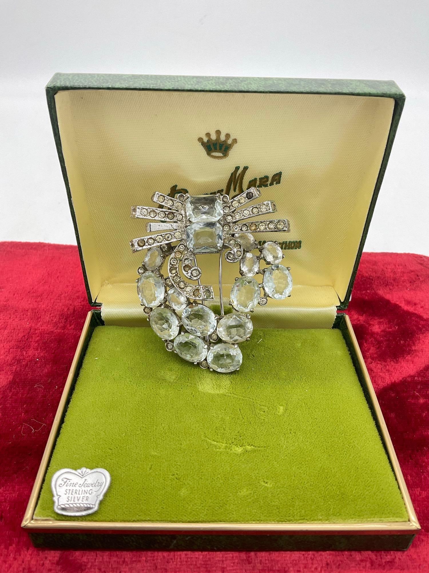 Rare large circa 1940's Sterling silver Eisenberg Glass and rhinestone Fur clip brooch: c-414 2.5" x 2.5" 53.24 grams total weight est valve 500.00 - 800.00, fair cond missing some rhinestones 