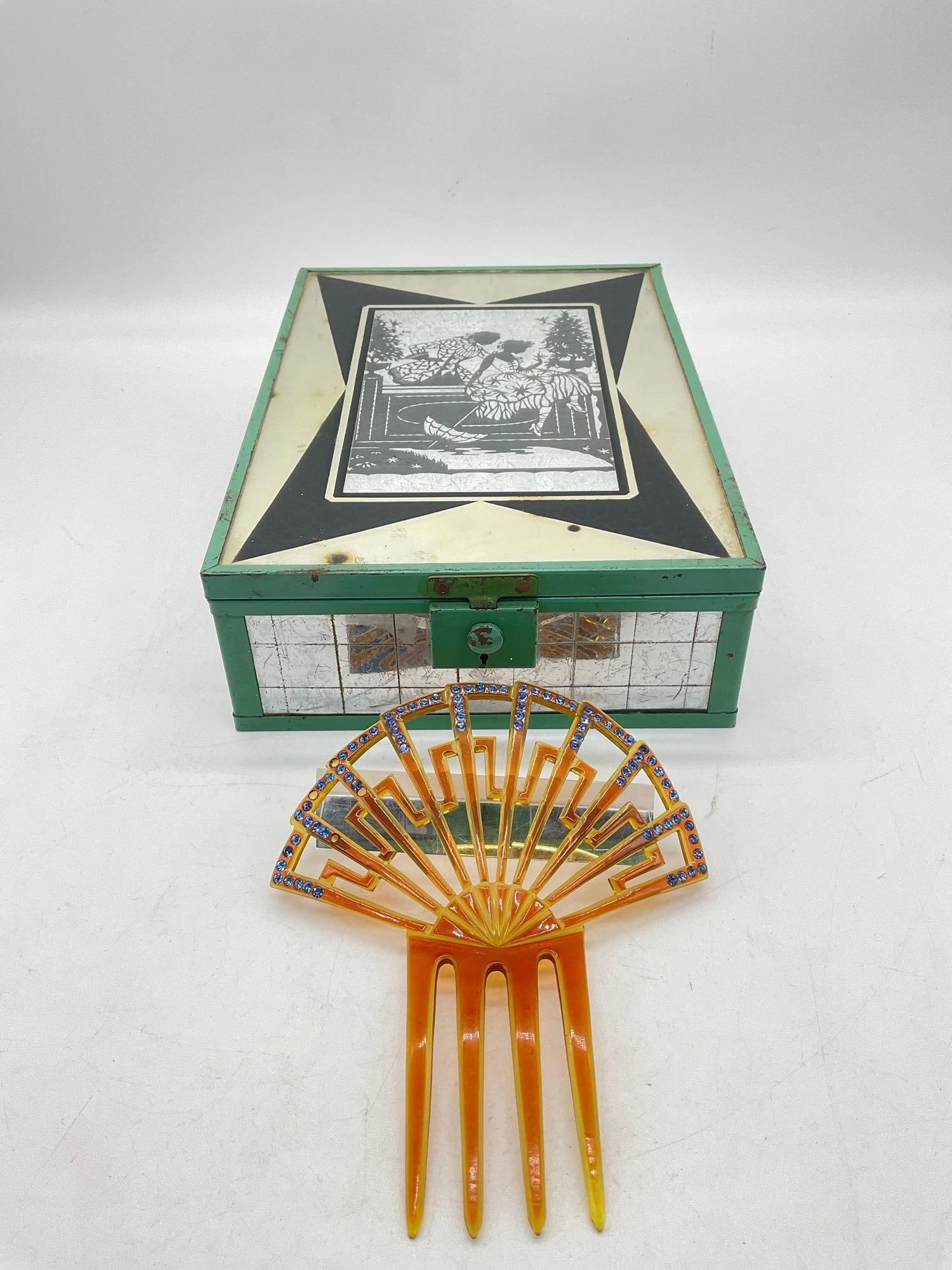 Vintage Mirrored Art Deco Jewelry box w/ assorted Vintage jewelry Incl Art deco Fan style Hair comb - 4