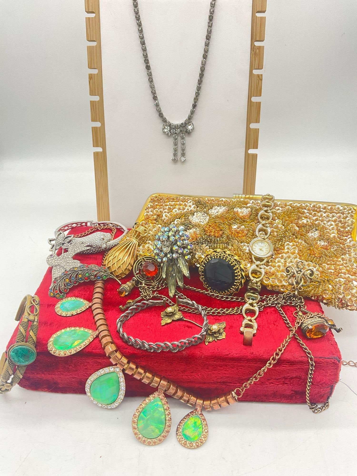 Vintage Jewelry Lot - Rhinestone pcs incl. a Weiss Bow Necklace, 1920's flapper clutch, etc: Some signed see pics includes; Vintage sequined & beaded Clutch purse, Colibri Jane Russell Designs Mother And Child Watch - Gold Toned & Mother of Pearl face with 3 Real diamonds on