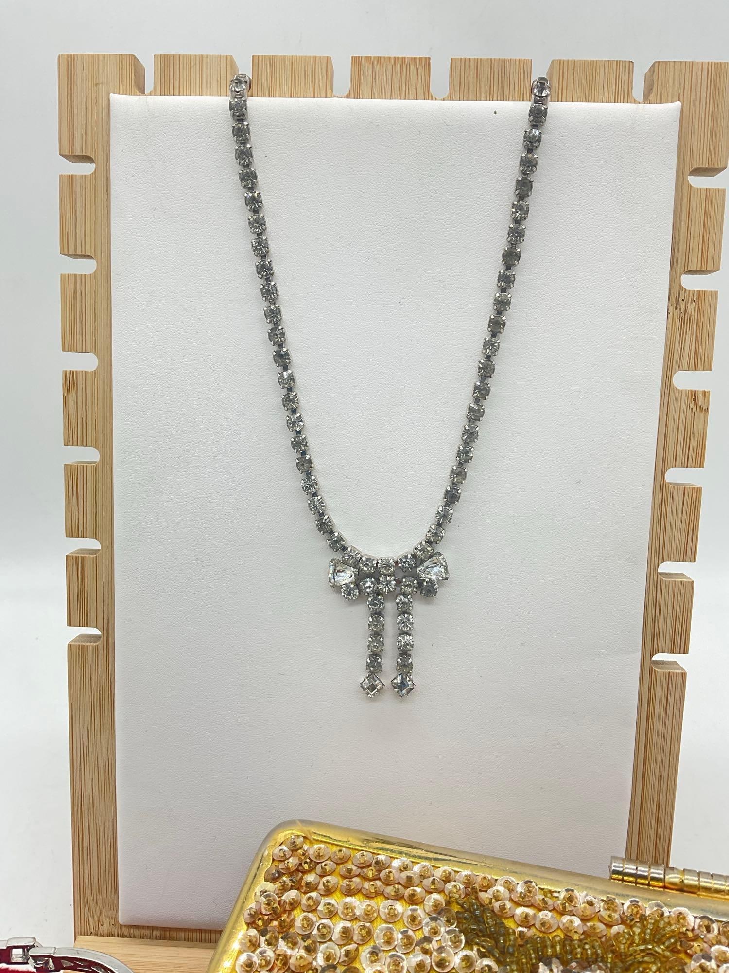 Vintage Jewelry Lot - Rhinestone pcs incl. a Weiss Bow Necklace, 1920's flapper clutch, etc - 6