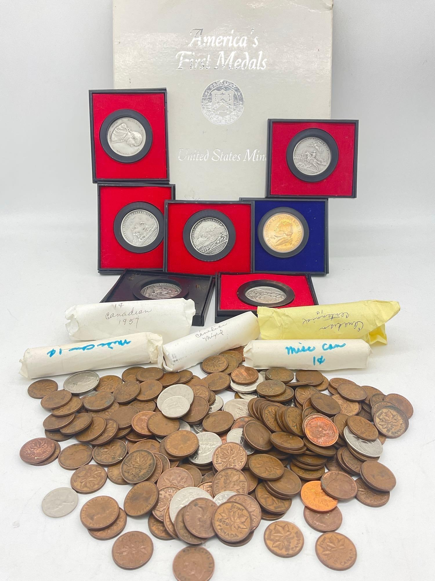 Huge collection of Canadian coins , plus Partial US Mint 1973 Americas First medals Set w/ 8 medals: c-414 medals are pewter , w/ bronze bicentennial medal Vintage Canadian coins mostly pennies 