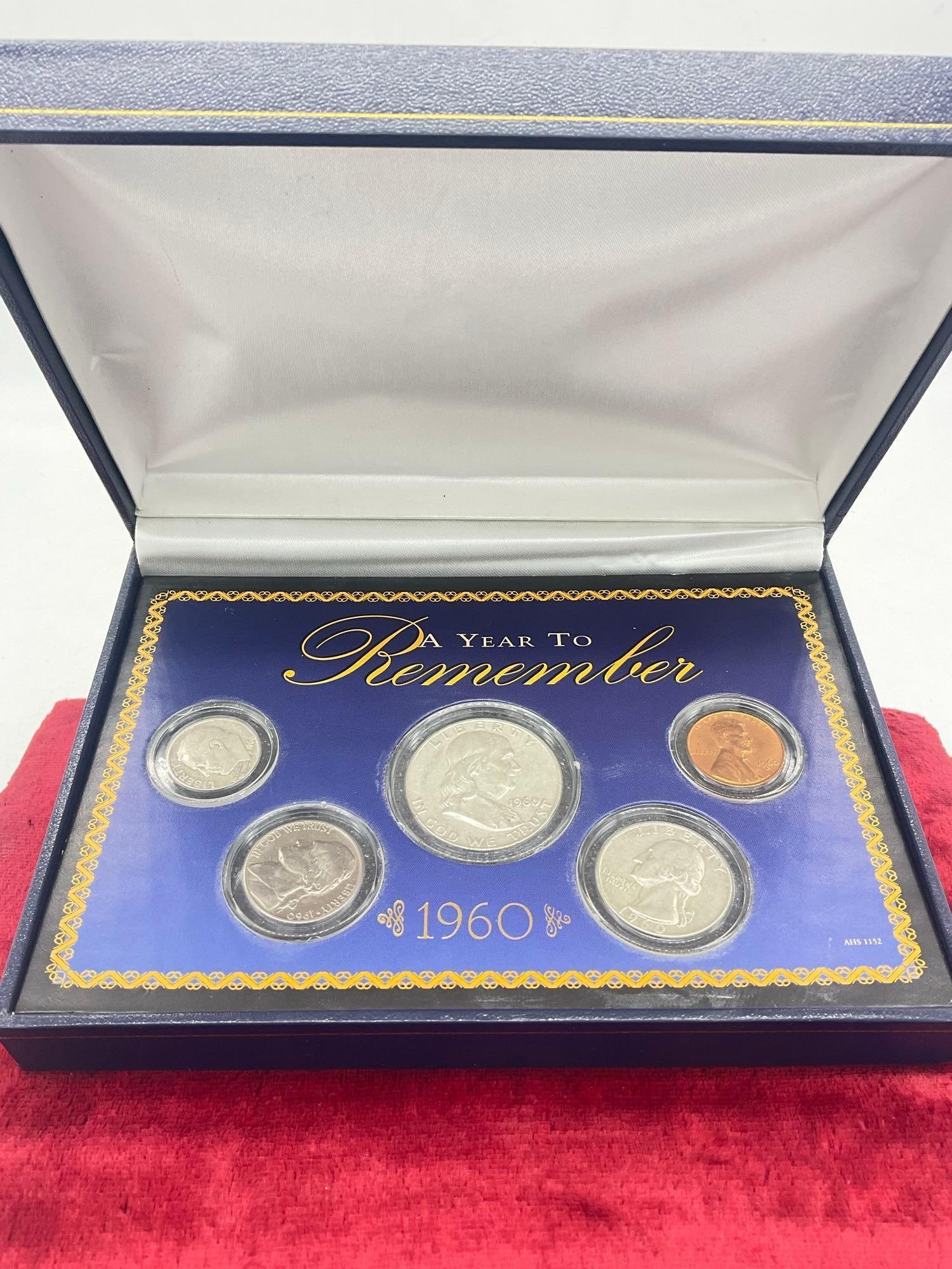 1960-D Silver set in presentation box Franklin Half , quarter, dime, Nickel & penny all Nice coins: c-414 