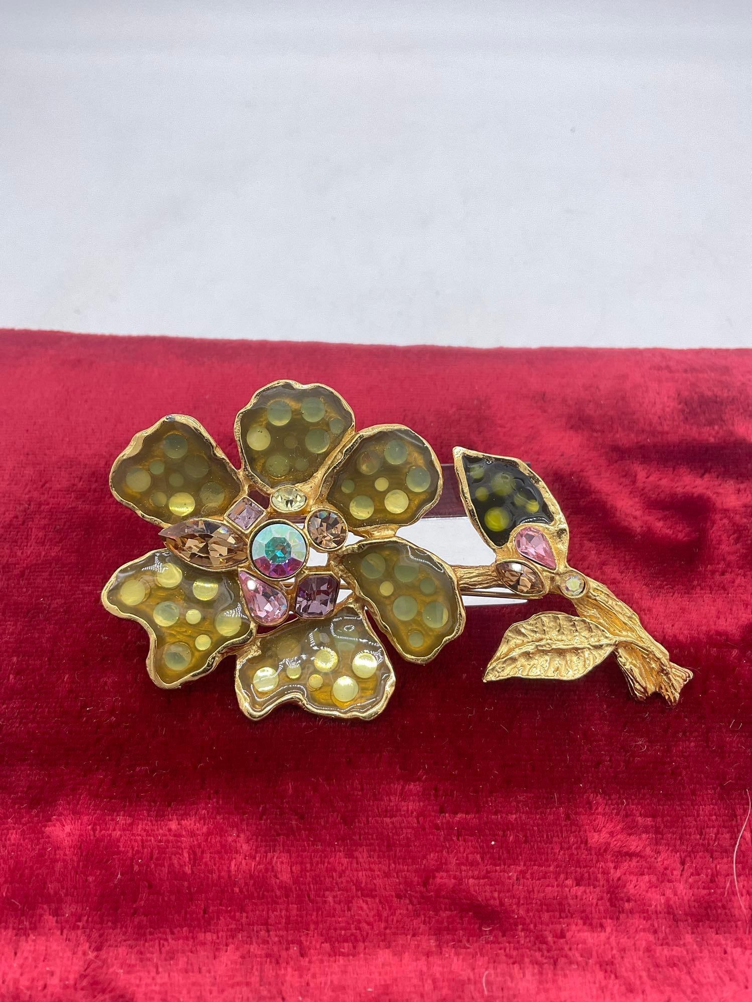 Rare Gold toned Christian LaCroix signed vintage brooch Pink Rhinestone & Green enamel flower: C-414 Appox 4" 