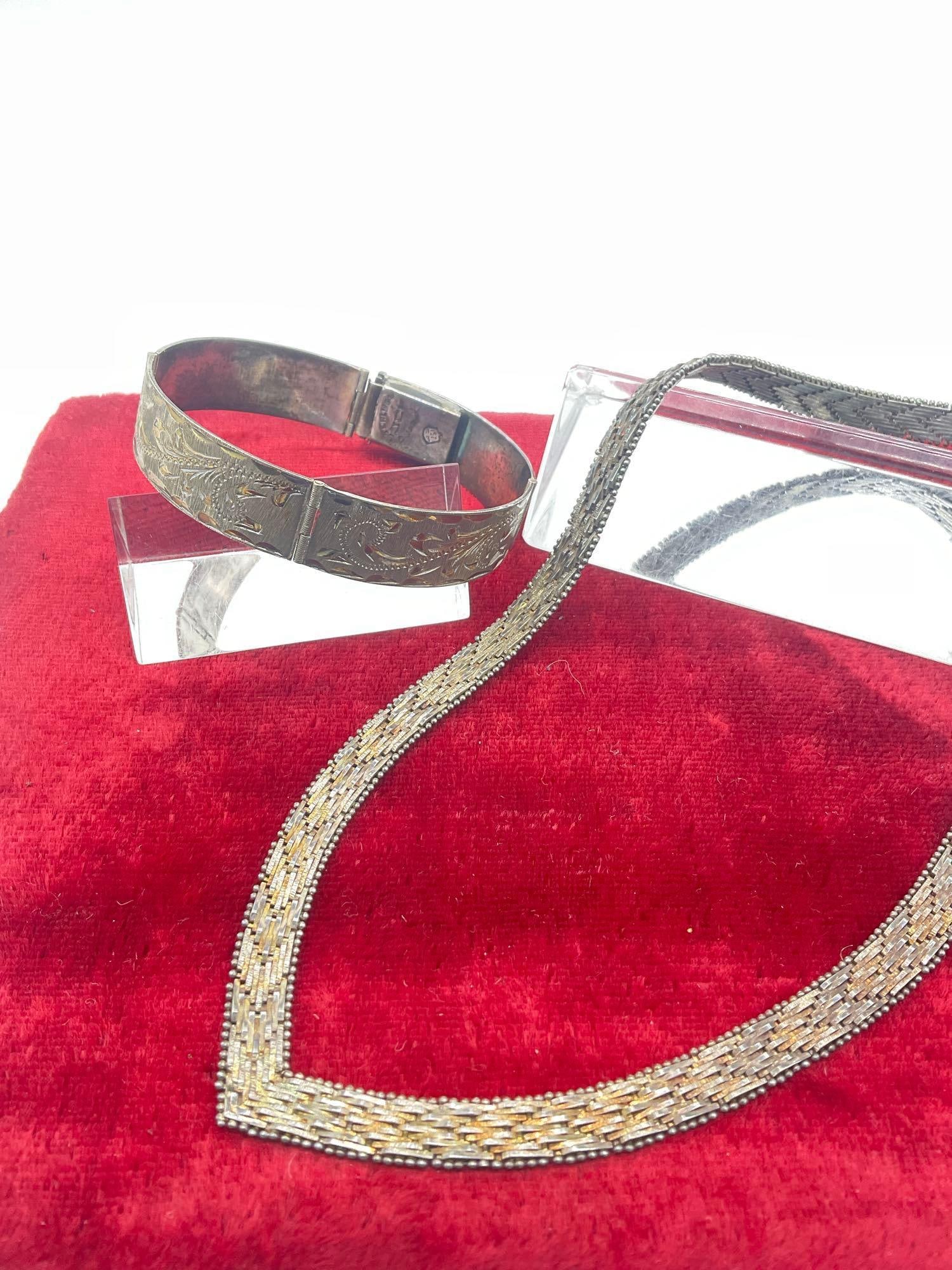 Vintage .925 Italy Sterling silver chevron Statement necklace &.925 Vermeil etched Bangle Bracelet - 2