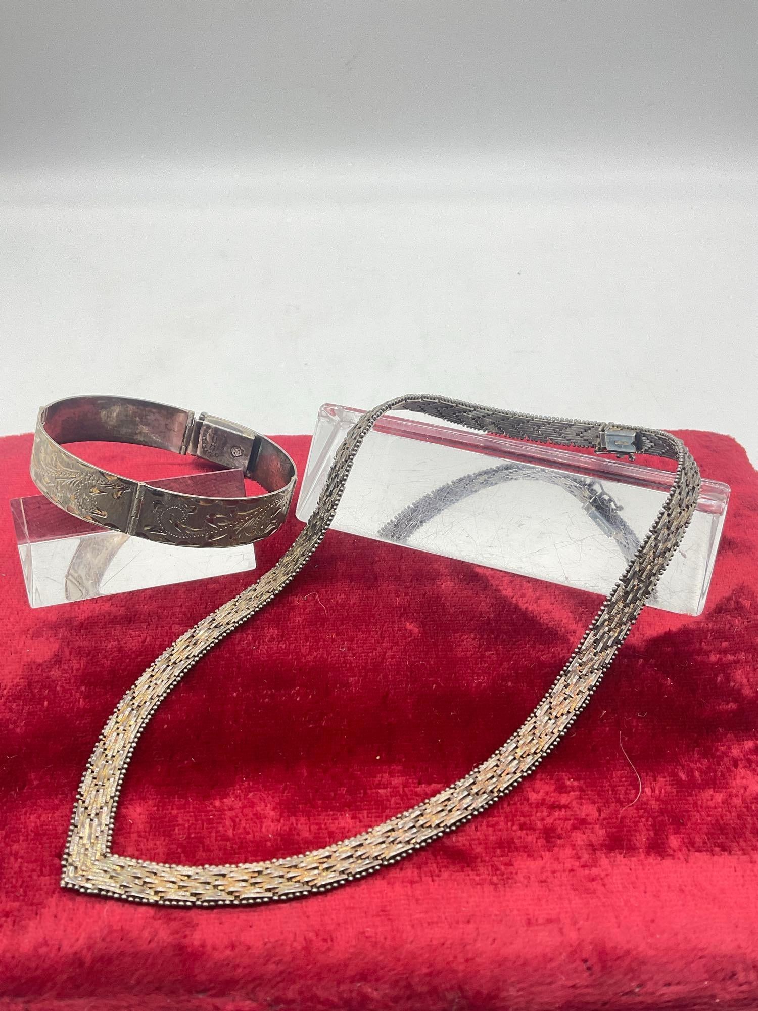 Vintage .925 Italy Sterling silver chevron Statement necklace &.925 Vermeil etched Bangle Bracelet - 4