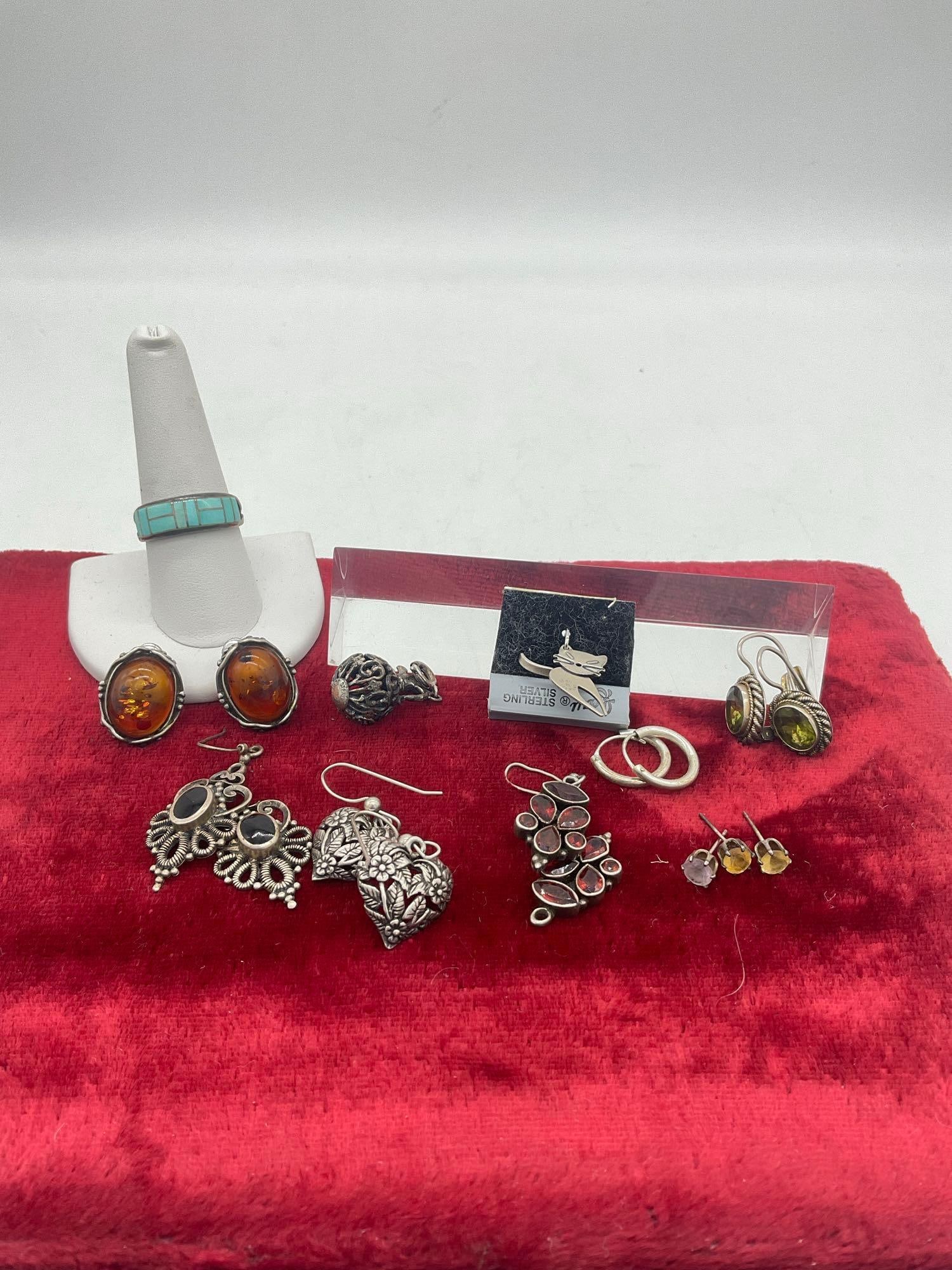 6 sets of Sterling Silver earrings, 2 charms, and Vintage Sterling Ring w/ turquoise setting SZ 9: C-414 One earring needs repair 