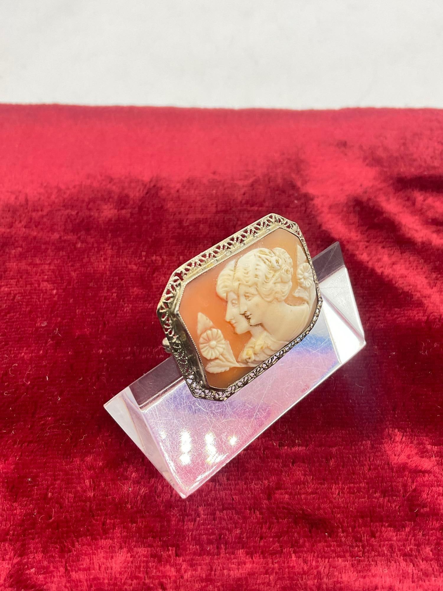 Antique Rectangular Art deco 10K white gold Intricate Filigree frame W Double Profile Cameo Brooch - 2