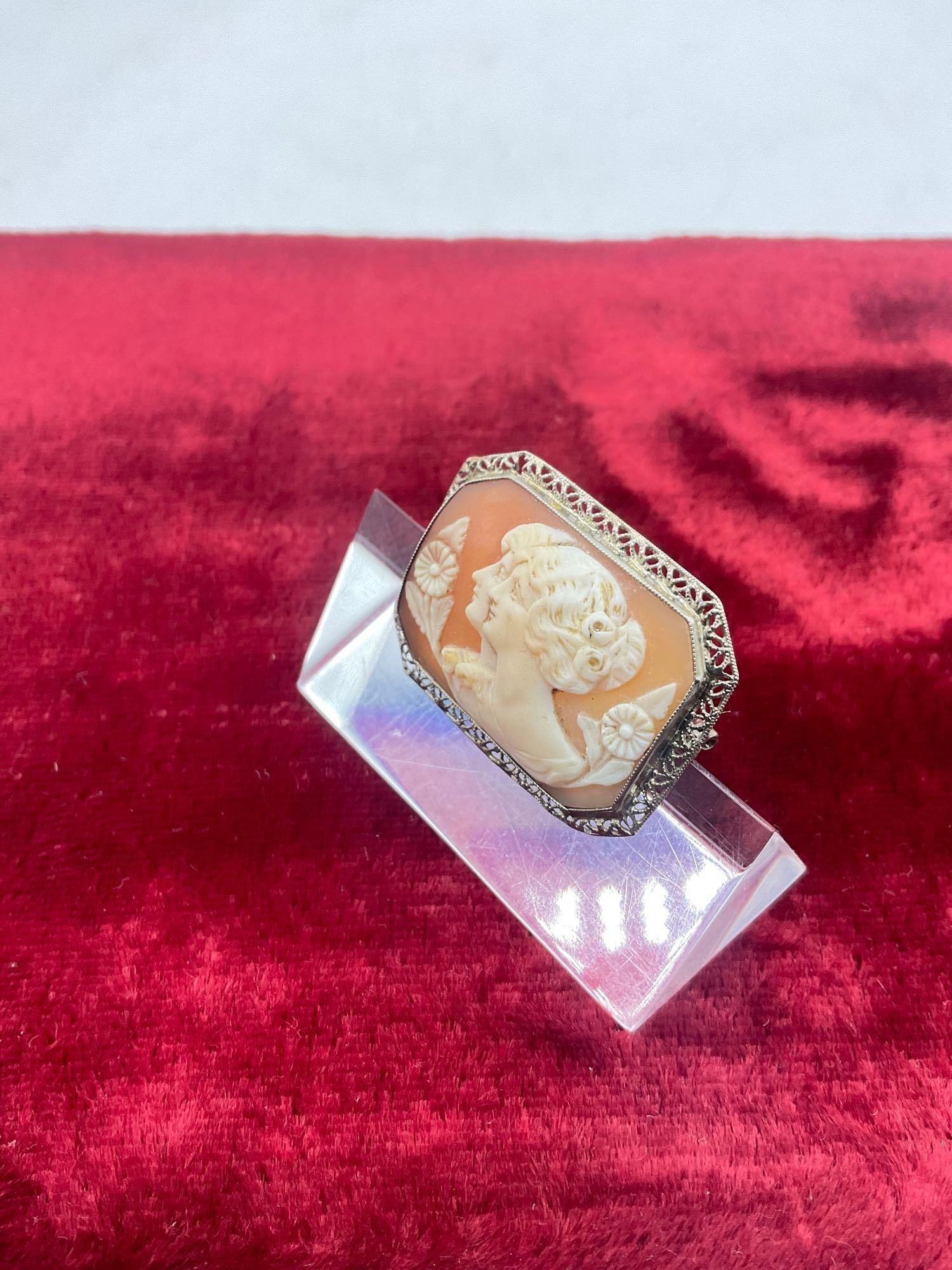 Antique Rectangular Art deco 10K white gold Intricate Filigree frame W Double Profile Cameo Brooch - 3