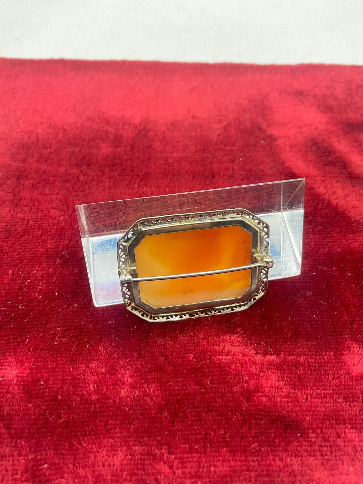 Antique Rectangular Art deco 10K white gold Intricate Filigree frame W Double Profile Cameo Brooch - 4