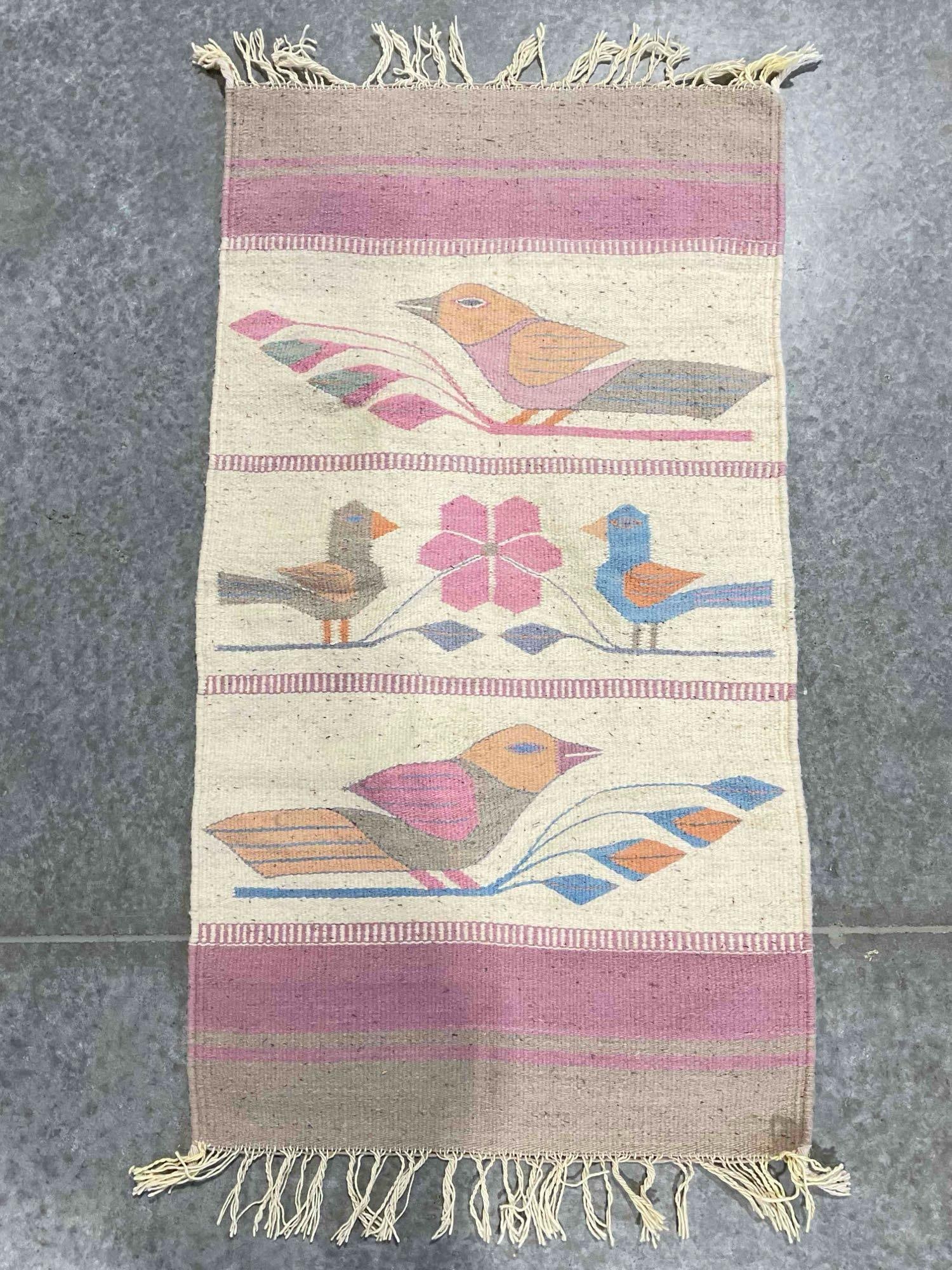 Vintage Southwestern Style Woven Wool Tapestry Rug w/ Bird Motif. Measures 46" x 22" See pics.: Vintage Southwestern Style Woven Wool Tapestry Rug w/ Bird Motif. Measures 46" x 22" minor wear indicative of age, condition is otherwise very good. DM-5520 