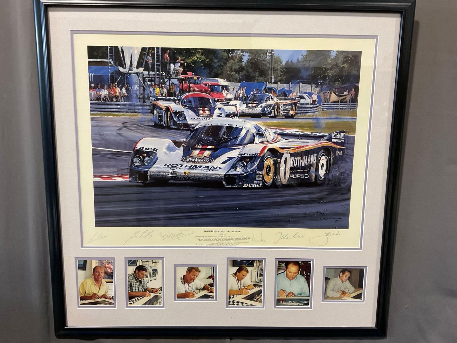 Framed Litho titled Porsche Domination Le Mans 1982 by Nicholas Watts, #d 79/500, signed by drivers: Signed by Hurley Haywood, Vern Schuppan, Jurgen Barth, Derek Bell, Jochen Mass & Jacky Ickx + Nicholas Watts. and numbered 79/500 Appears to be in good shape. The piece measures approx 35h x 36w