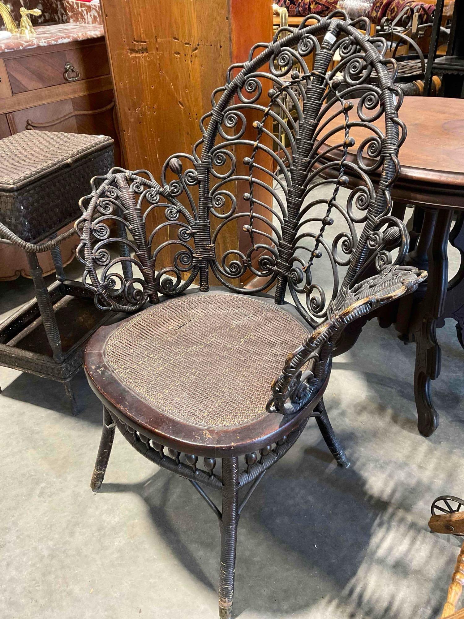 Antique Gorgeous Heywood Bros. Wicker Chair w/ Dark Stain & Ornate Shape. Very Good Cond. - 2