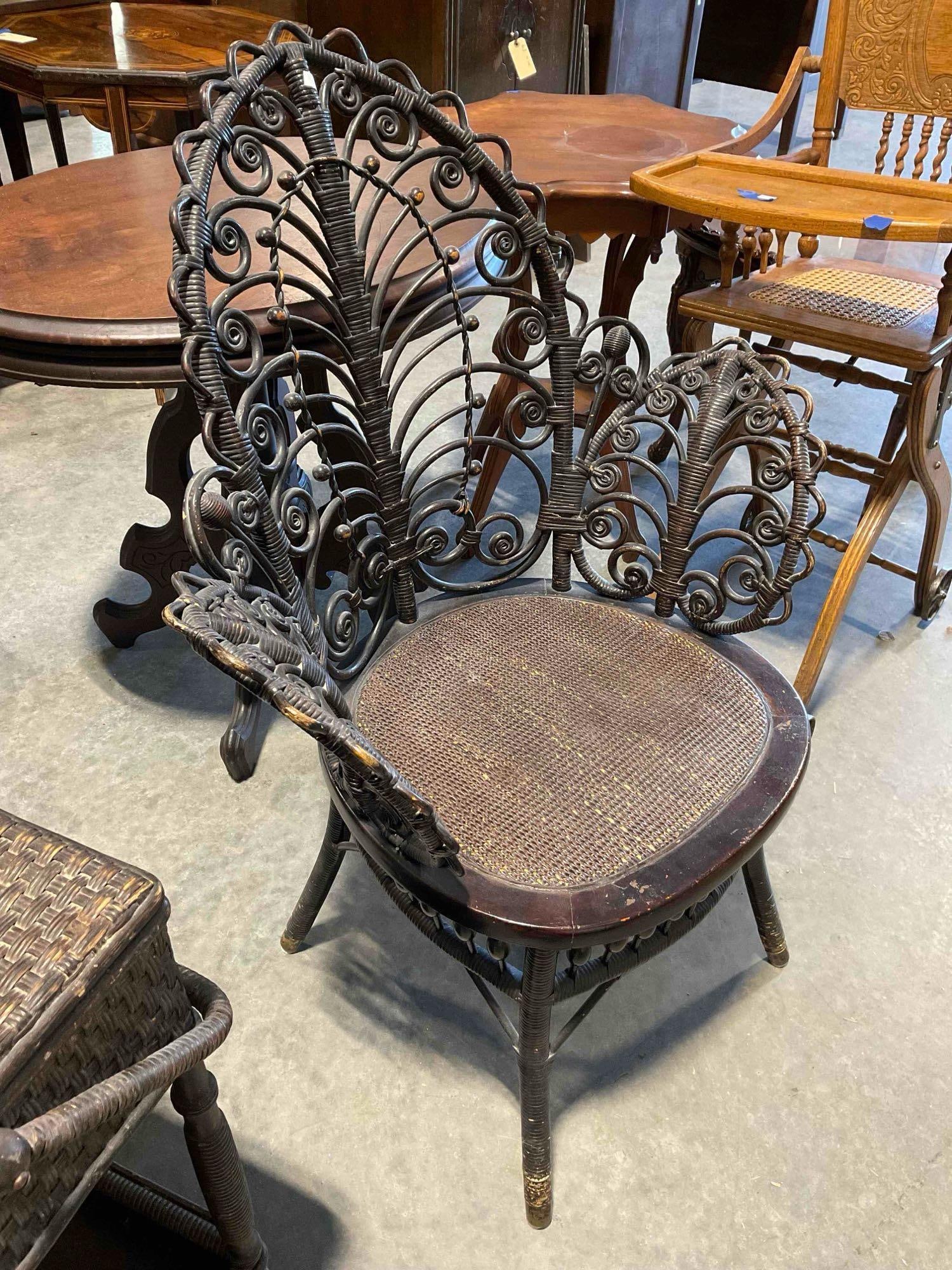 Antique Gorgeous Heywood Bros. Wicker Chair w/ Dark Stain & Ornate Shape. Very Good Cond. - 3