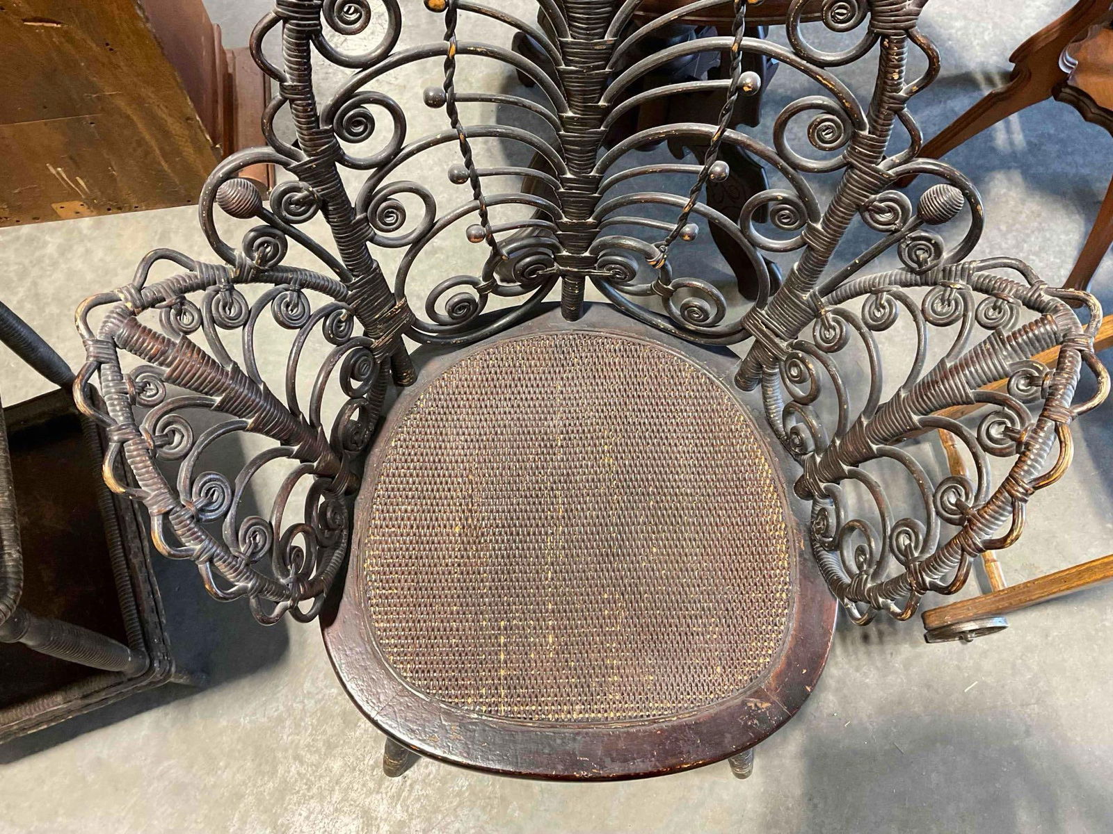 Antique Gorgeous Heywood Bros. Wicker Chair w/ Dark Stain & Ornate Shape. Very Good Cond. - 4