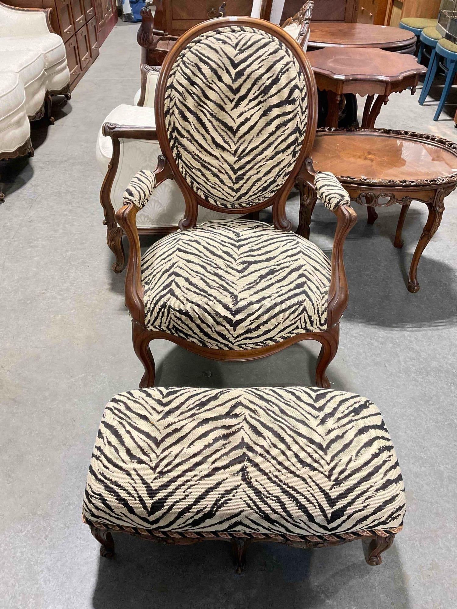 Antique Mahogany Parlor Chair & Ottoman w/ Incredible Zebra Print Upholstery. Excellent Cond.: Antique Mahogany Parlor Chair & Ottoman w/ Incredible Zebra Print Upholstery. Excellent Condition. Fabric is likely vintage. Very minor threadbare patches in ottoman, otherwise in excellent condit