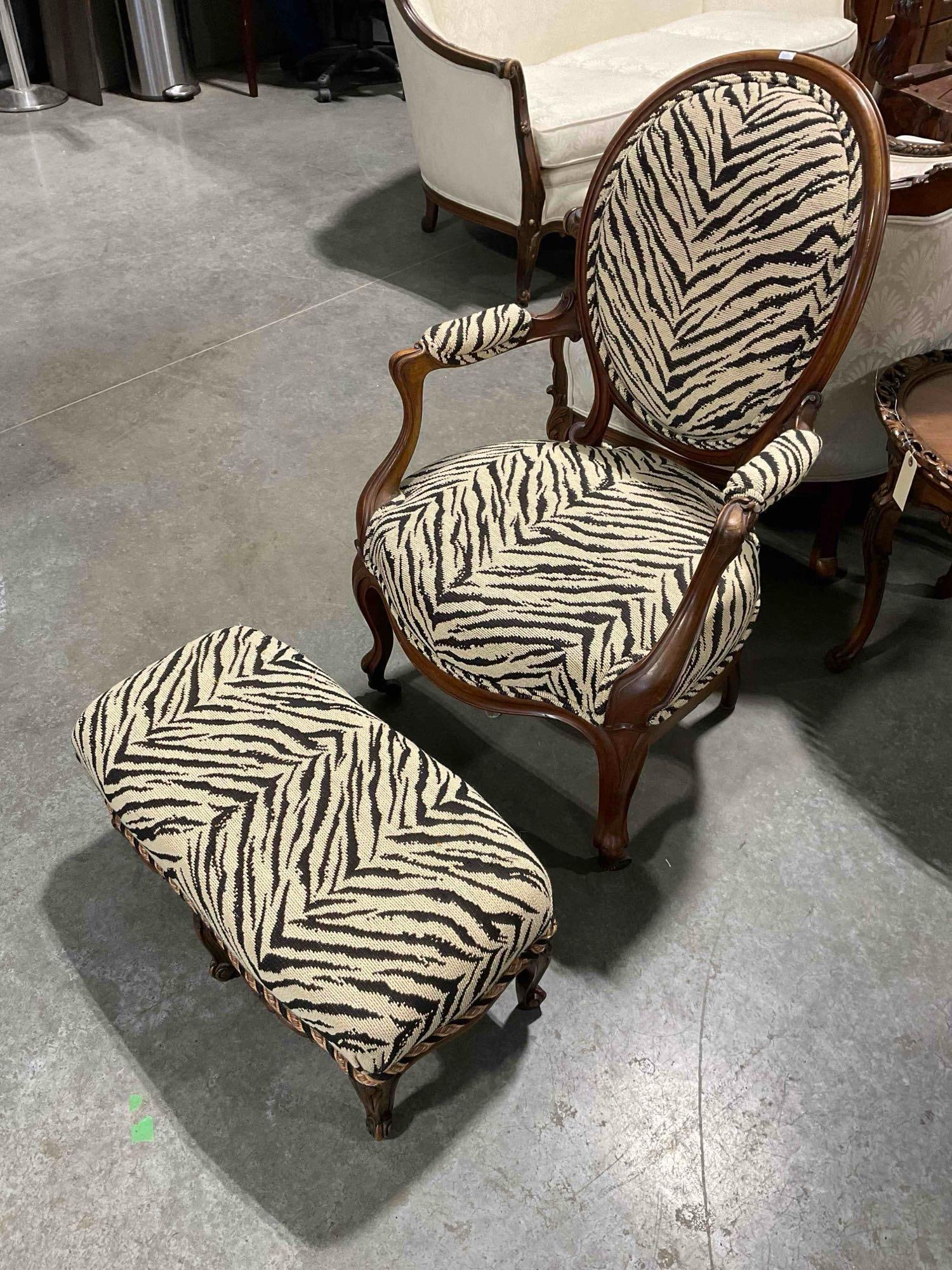 Antique Mahogany Parlor Chair & Ottoman w/ Incredible Zebra Print Upholstery. Excellent Cond. - 2
