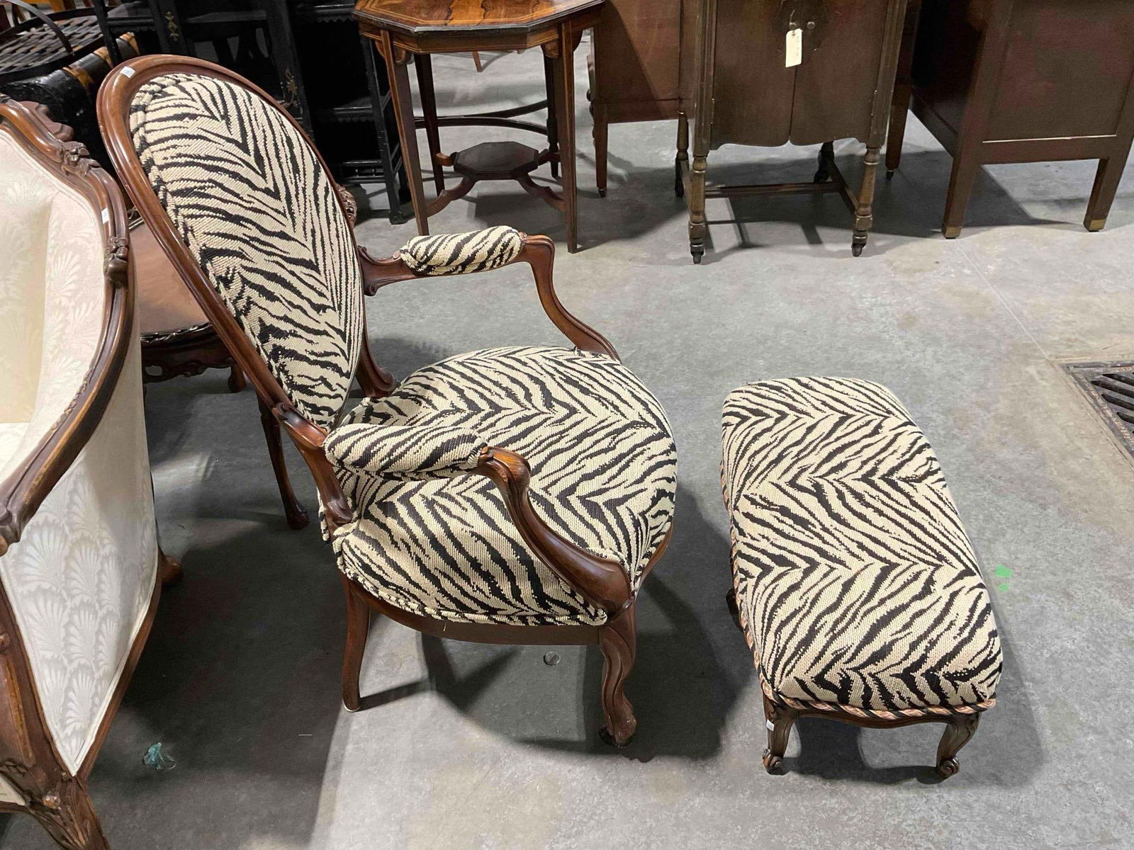Antique Mahogany Parlor Chair & Ottoman w/ Incredible Zebra Print Upholstery. Excellent Cond. - 3