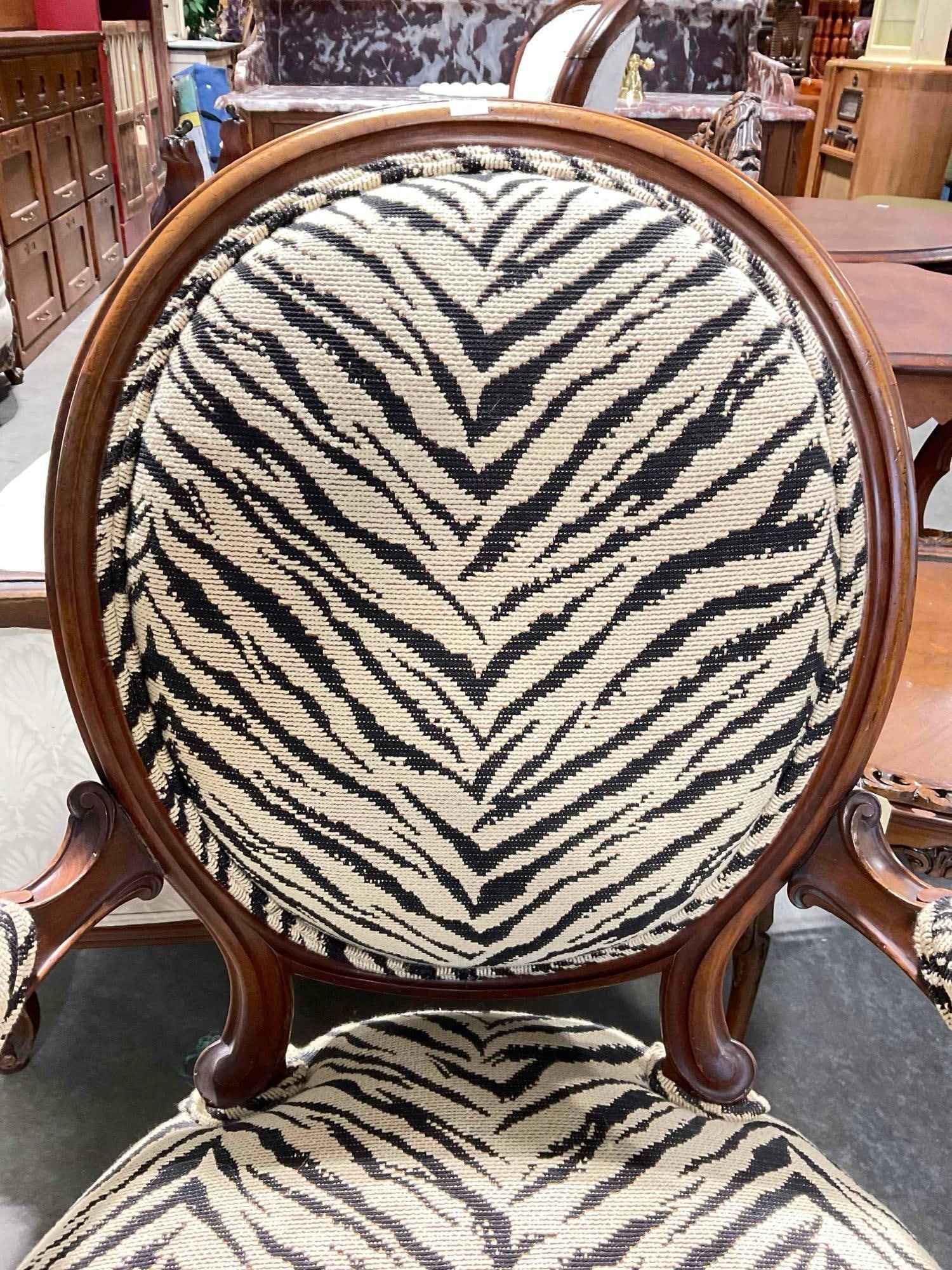 Antique Mahogany Parlor Chair & Ottoman w/ Incredible Zebra Print Upholstery. Excellent Cond. - 6