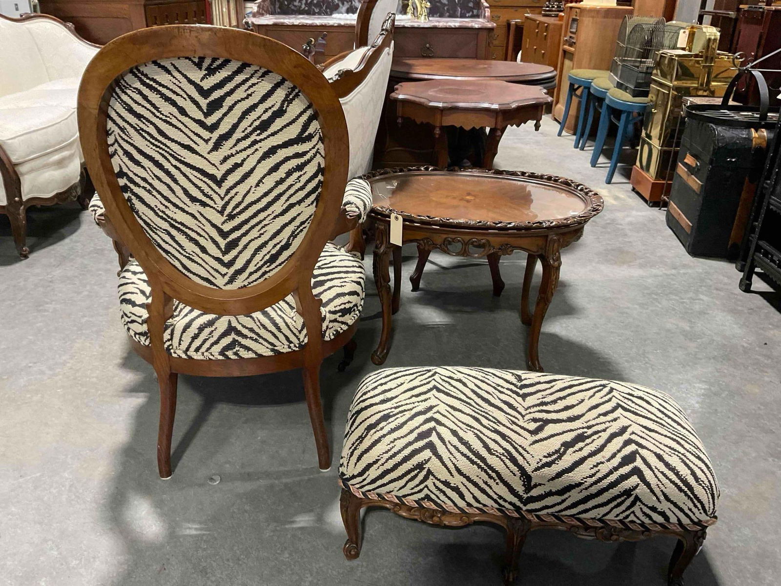 Antique Mahogany Parlor Chair & Ottoman w/ Incredible Zebra Print Upholstery. Excellent Cond. - 7
