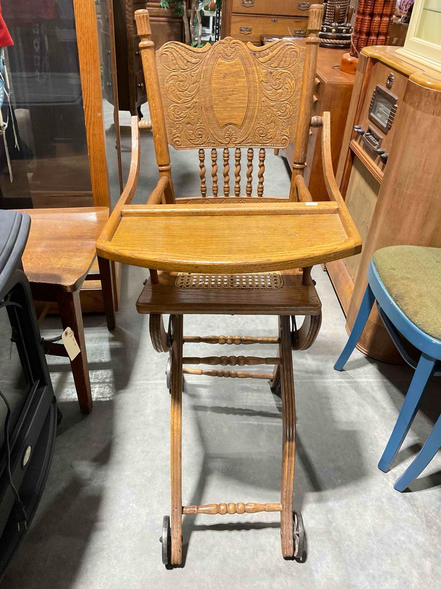 Beautiful Antique Oak Pressback High Chair w/ Caned Seat & Tray. Very Good Condition. See pics. (1 of 6)