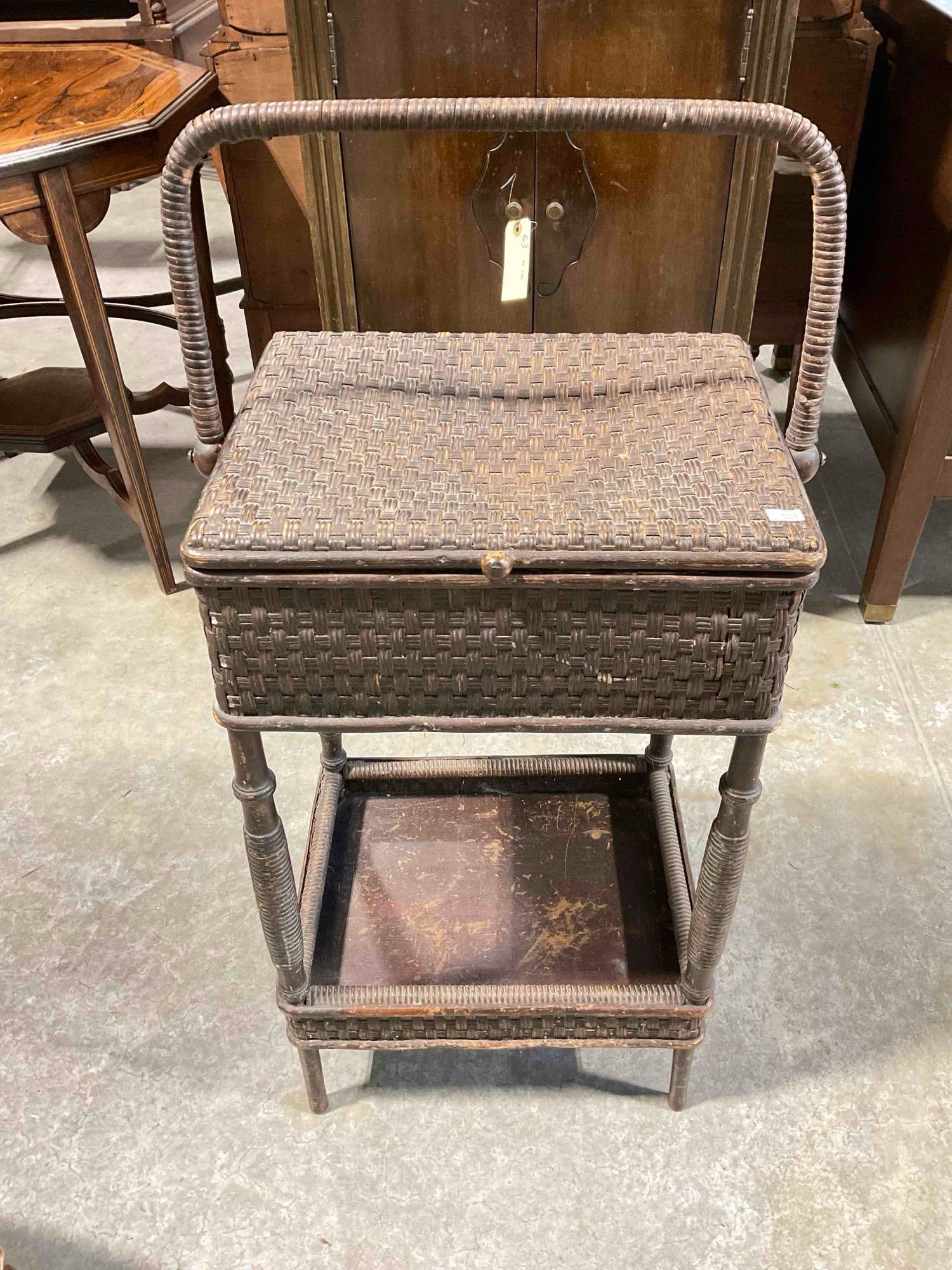 Sweet Antique Heywood Bros. Woven Wicker Sewing Box w/ Dark Stain. Very Good Condition. (1 of 6)