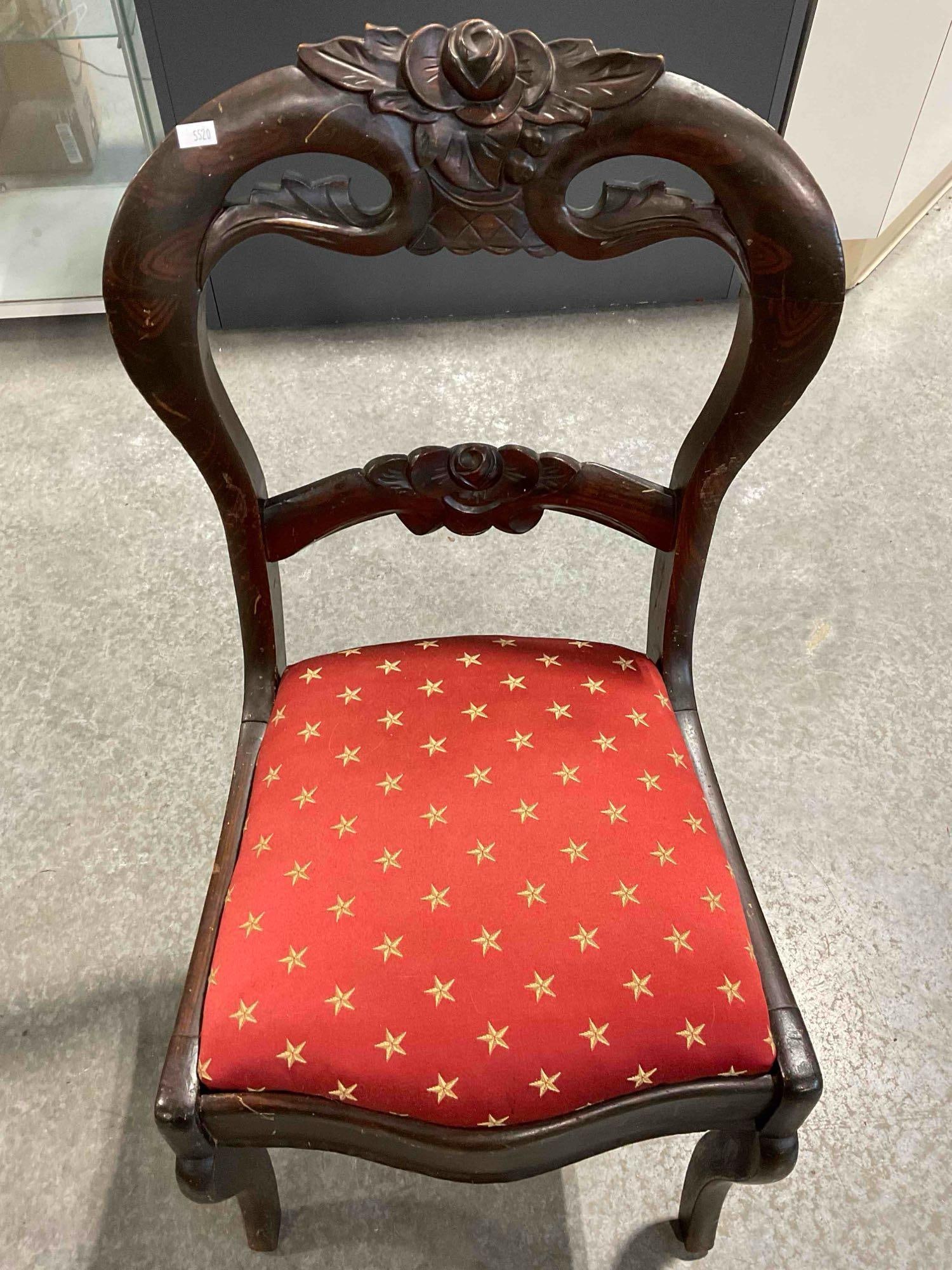 Lovely Antique Rosewood? Balloon Back Chair w/ Red & Gold Star Upholstery. Excellent Condition.: Lovely Antique Rosewood? Balloon Back Chair w/ Sweet Red & Gold Star Upholstery. Stunning grain. Excellent Condition. Measures 17" x 17" x 33" DM-5520 *Freight Required if shipped, Buyer