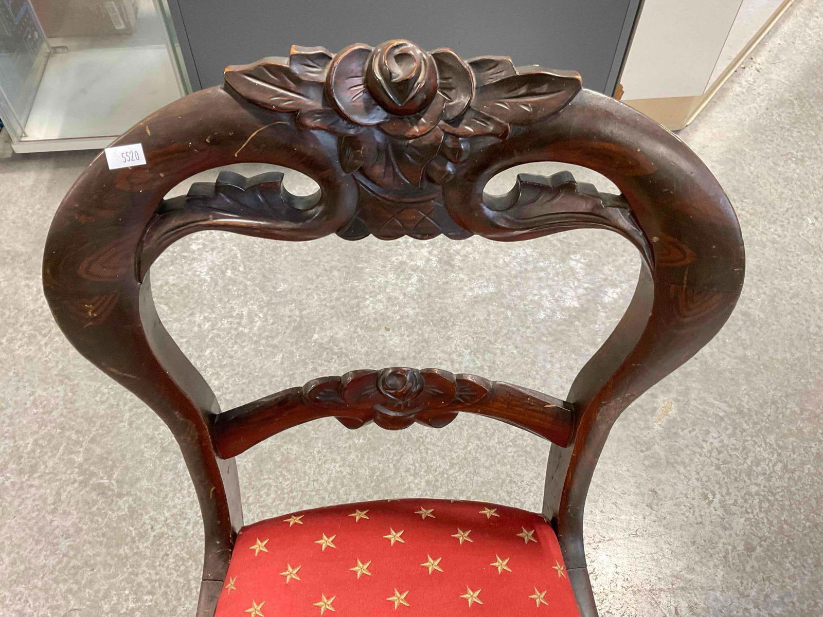 Lovely Antique Rosewood? Balloon Back Chair w/ Red & Gold Star Upholstery. Excellent Condition. - 4