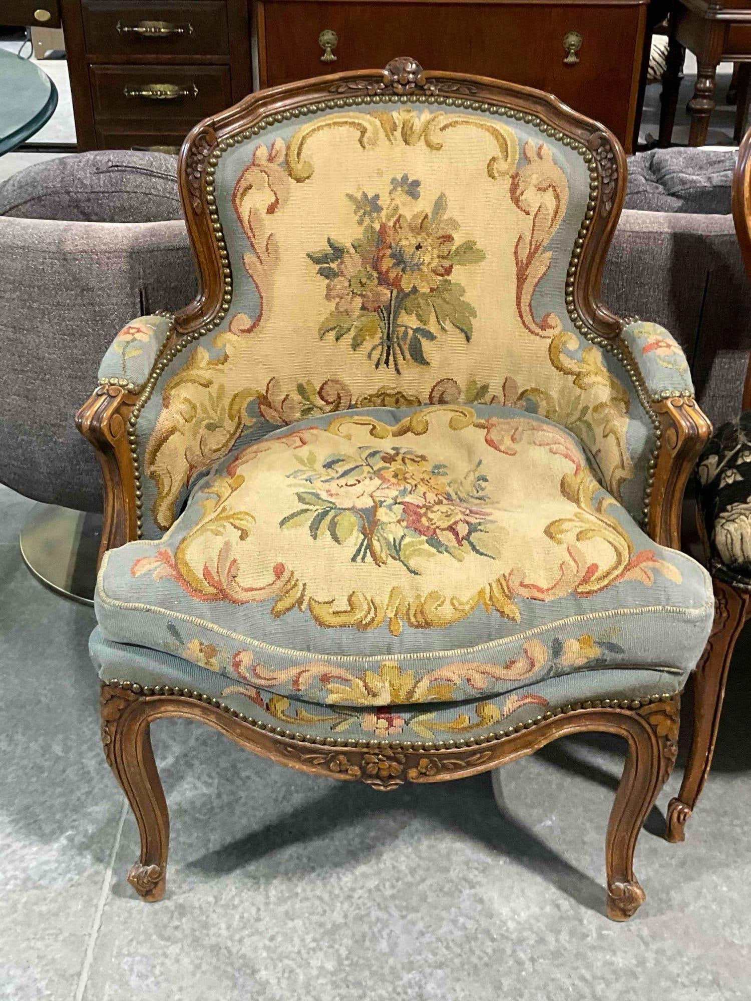 Vintage Louis XV Style Fauteuil Arm Chair w/ Blue & Cream Floral Needlepoint Upholstery. See pics. (1 of 7)