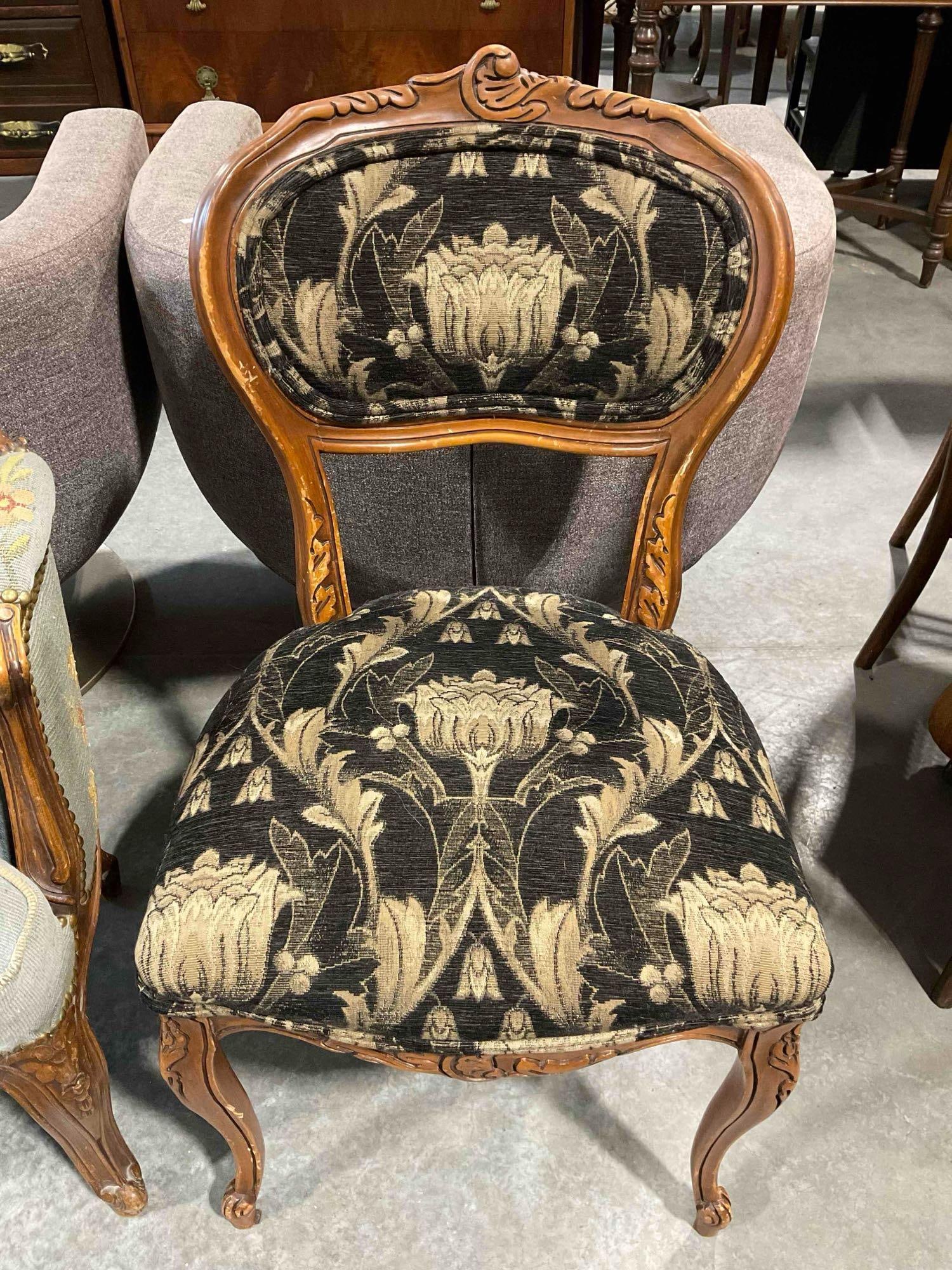 Vintage Wooden Parlor Chair w/ Rococo Style Black Botanical Upholstery. Very Good Condition. (1 of 6)