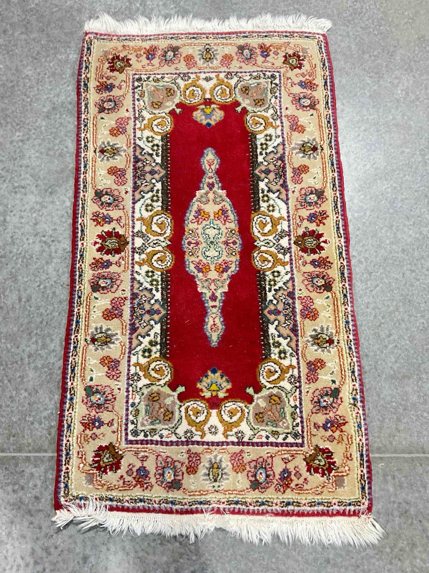 Vintage Turkish Taebriz? Red & Ivory Wool Pile Rug. Very Good Condition. Measures 56" x 29": Vintage Turkish Taebriz? Red & Ivory Wool Pile Rug. Very Good Condition. Measures 56" x 29" Minor wear indicative of age, condition is otherwise very good. DM-5520