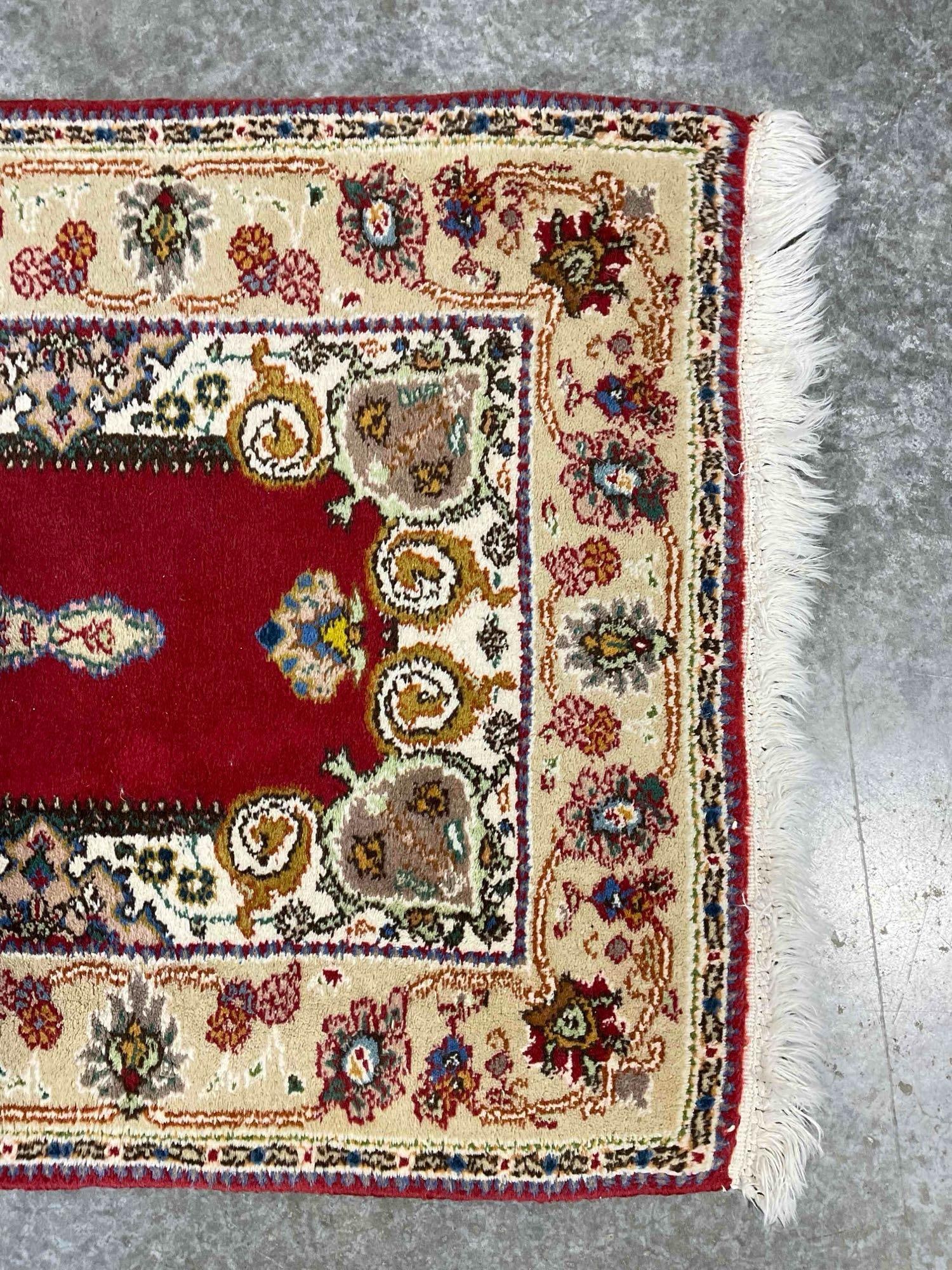 Vintage Turkish Taebriz? Red & Ivory Wool Pile Rug. Very Good Condition. Measures 56" x 29" - 4